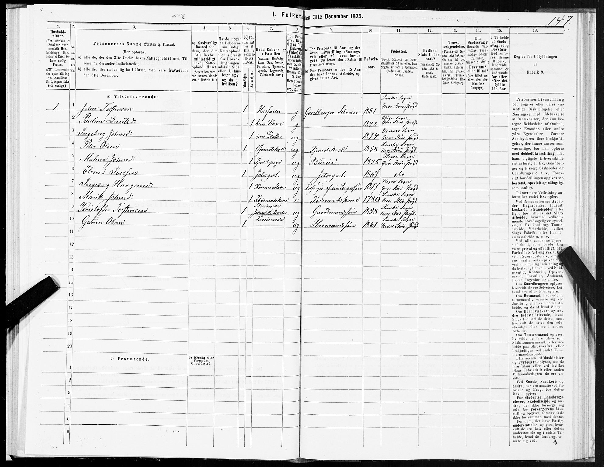 SAT, Folketelling 1875 for 1714P Nedre Stjørdal prestegjeld, 1875, s. 4147