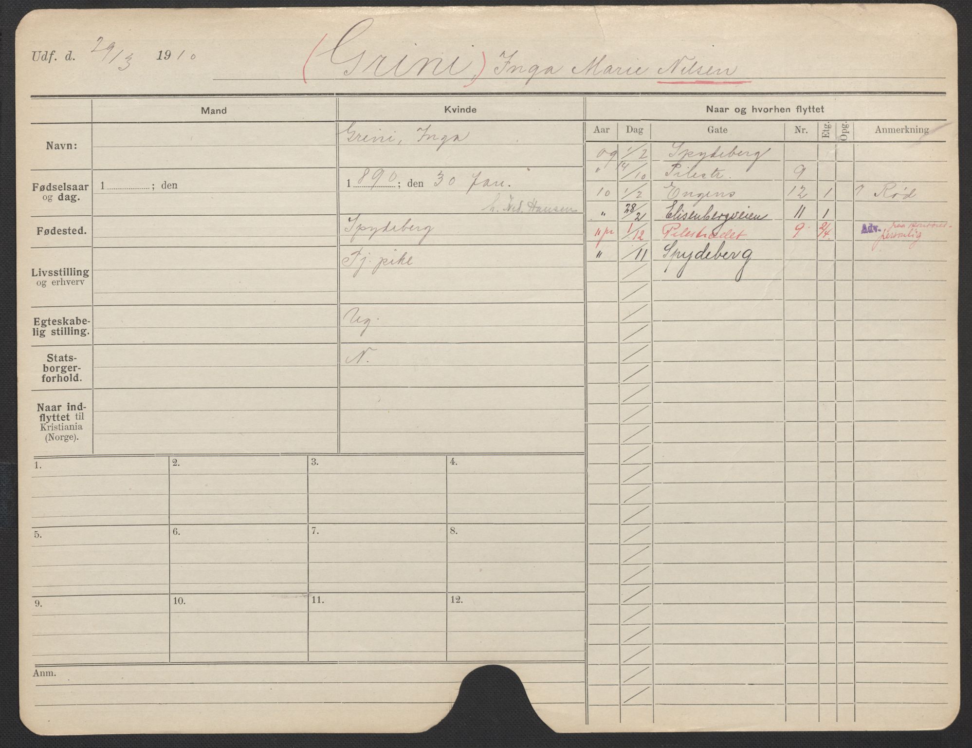 Oslo folkeregister, Registerkort, AV/SAO-A-11715/F/Fa/Fac/L0021: Kvinner, 1906-1914, s. 280a