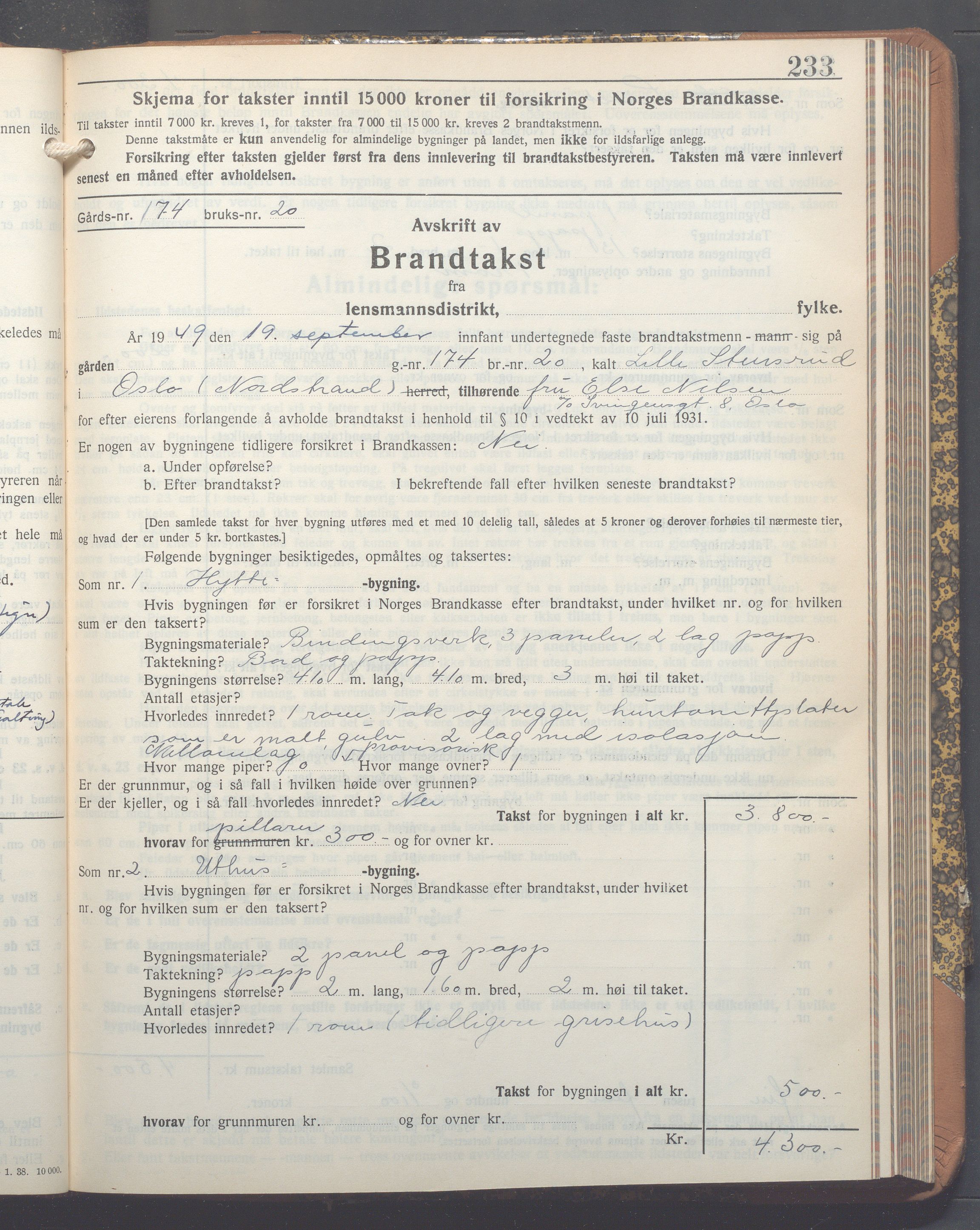 Lensmennene i Aker, OBA/A-10133/F/Fd/L0009: Branntakstprotokoll, 1939-1949, s. 233