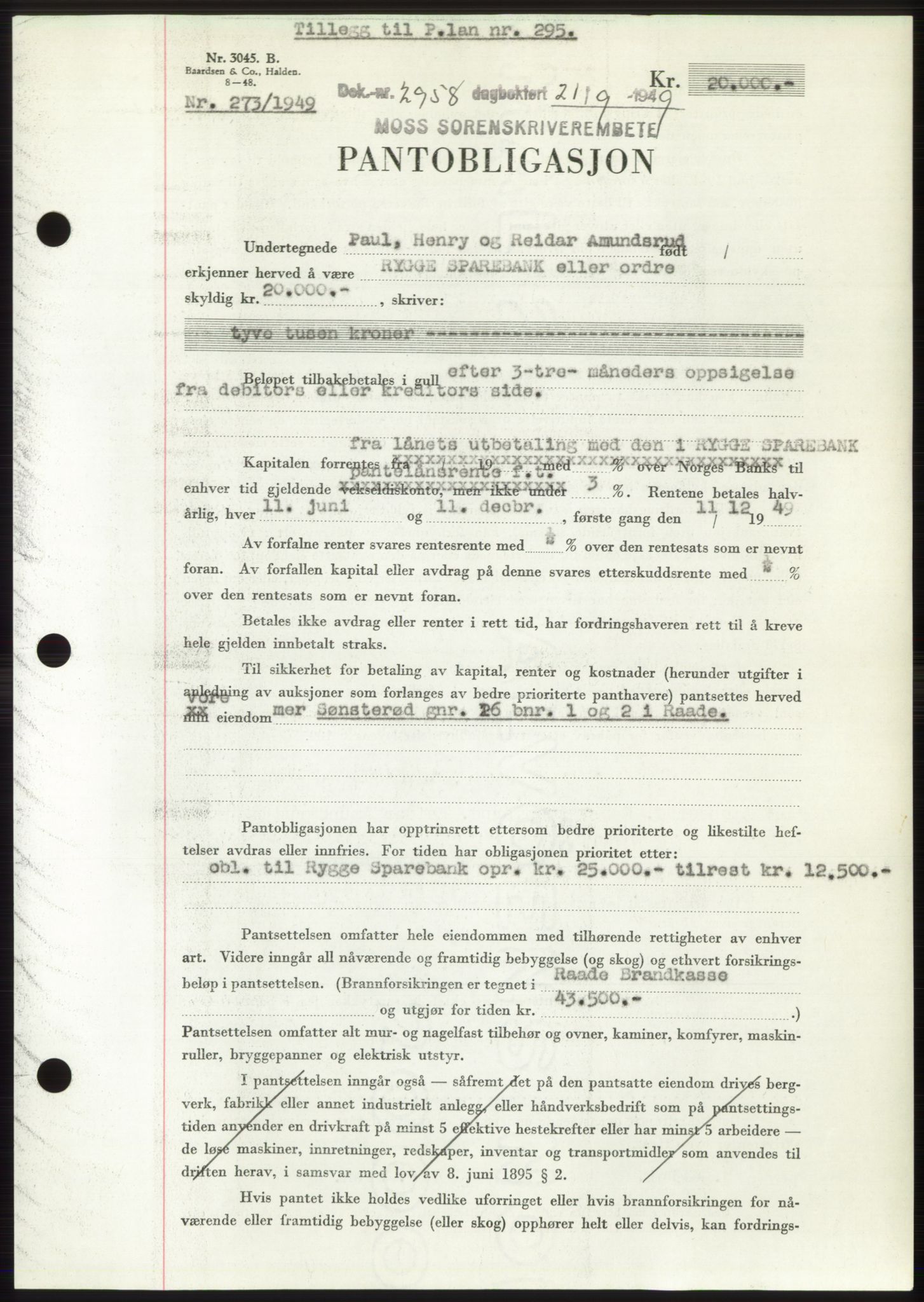 Moss sorenskriveri, SAO/A-10168: Pantebok nr. B22, 1949-1949, Dagboknr: 2958/1949