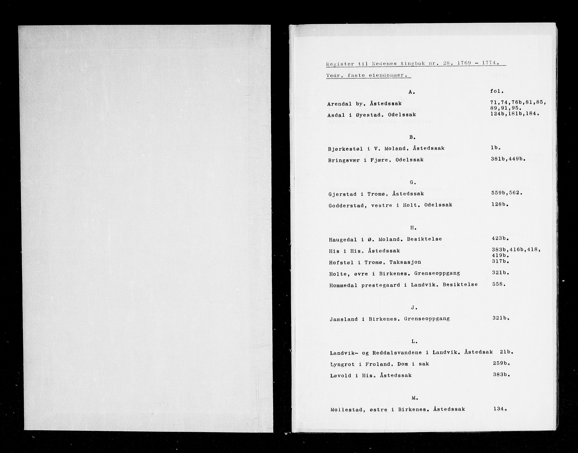 Nedenes sorenskriveri før 1824, AV/SAK-1221-0007/F/Fa/L0033: Tingbok med register nr 28, 1769-1774