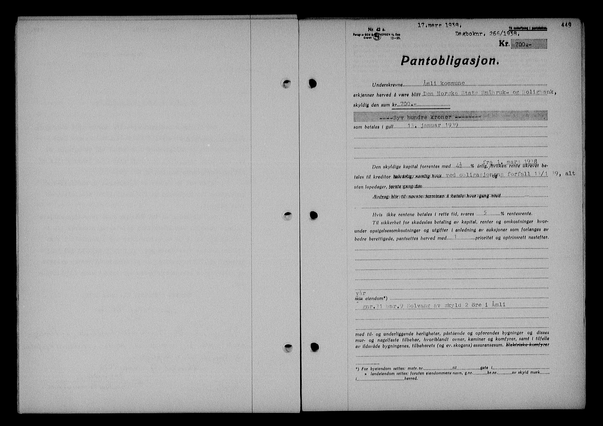 Nedenes sorenskriveri, SAK/1221-0006/G/Gb/Gba/L0044: Pantebok nr. 40, 1937-1938, Dagboknr: 266/1938