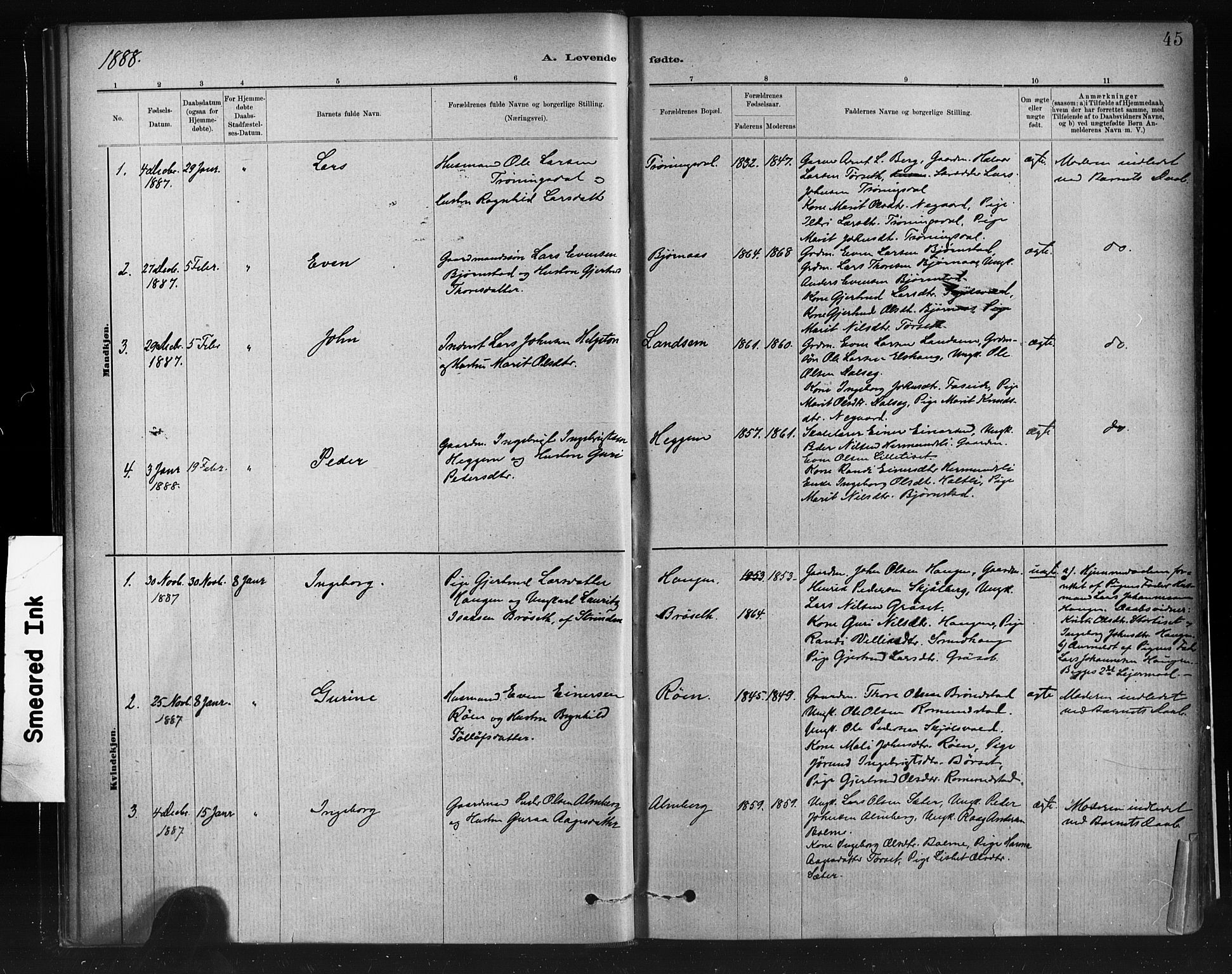 Ministerialprotokoller, klokkerbøker og fødselsregistre - Møre og Romsdal, AV/SAT-A-1454/598/L1069: Ministerialbok nr. 598A03, 1882-1895, s. 45