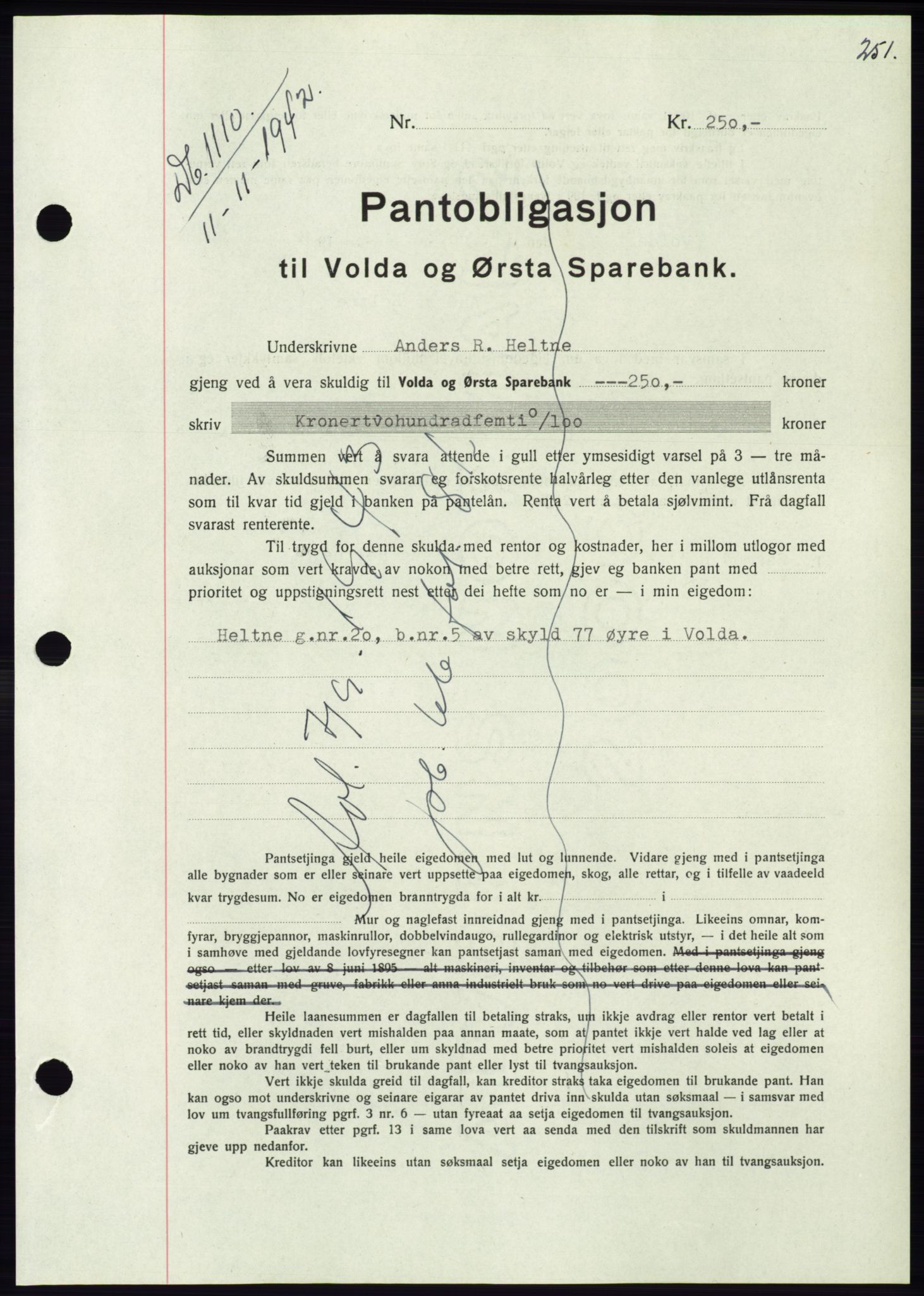 Søre Sunnmøre sorenskriveri, SAT/A-4122/1/2/2C/L0074: Pantebok nr. 68, 1942-1943, Dagboknr: 1110/1942