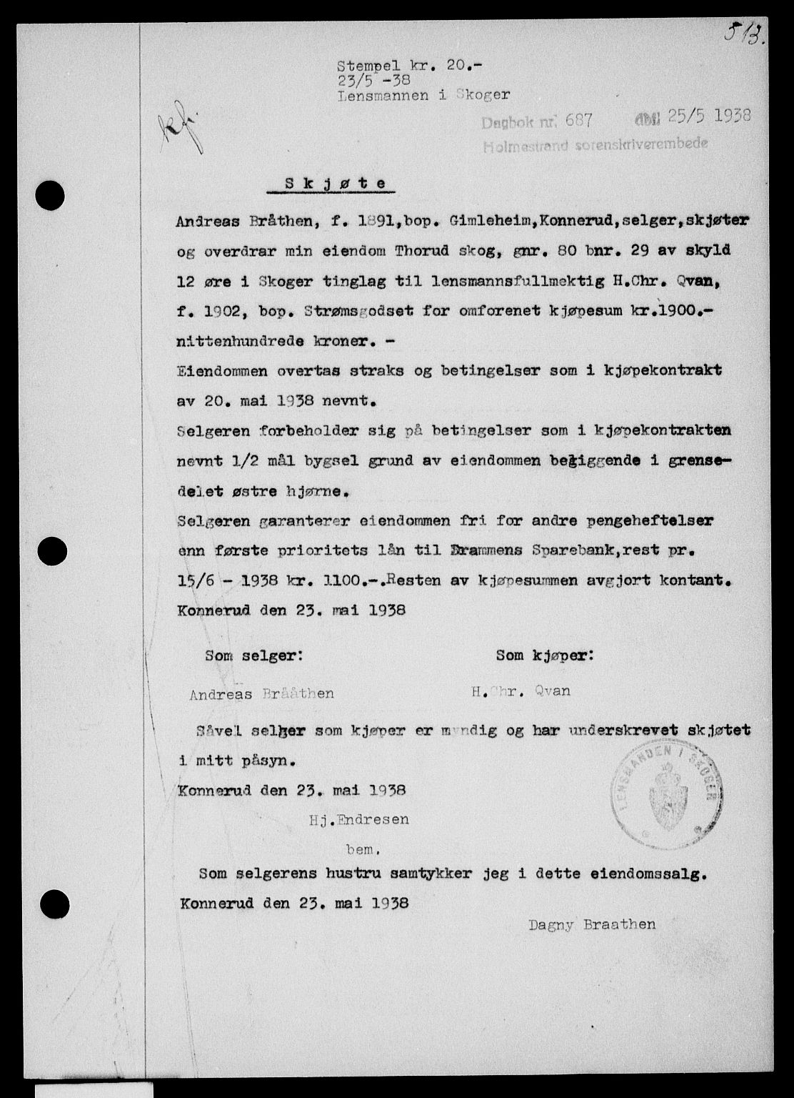 Holmestrand sorenskriveri, SAKO/A-67/G/Ga/Gaa/L0049: Pantebok nr. A-49, 1937-1938, Dagboknr: 687/1938