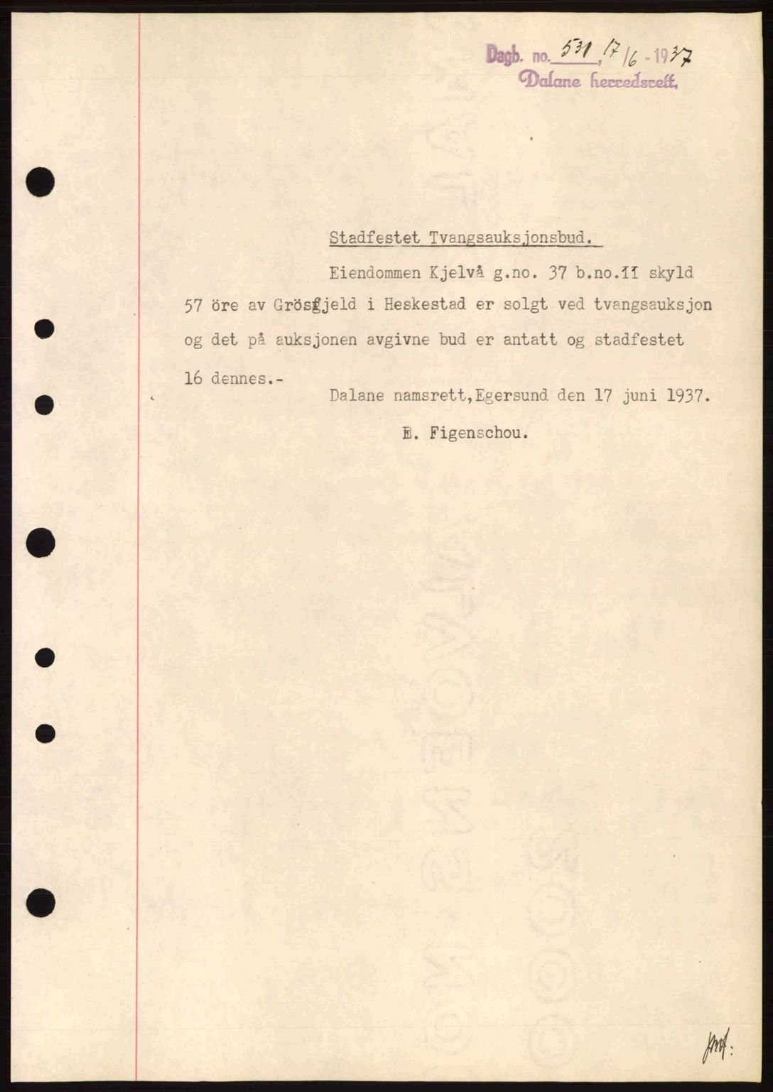 Dalane sorenskriveri, SAST/A-100309/02/G/Gb/L0041: Pantebok nr. A2, 1936-1937, Dagboknr: 531/1937