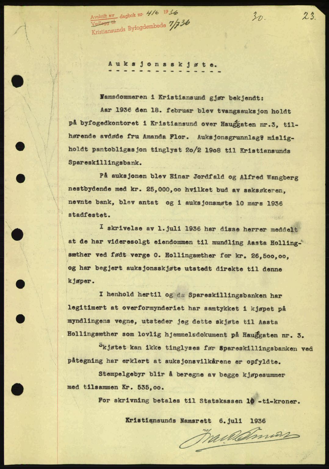 Kristiansund byfogd, SAT/A-4587/A/27: Pantebok nr. 30, 1936-1941, Dagboknr: 416/1936