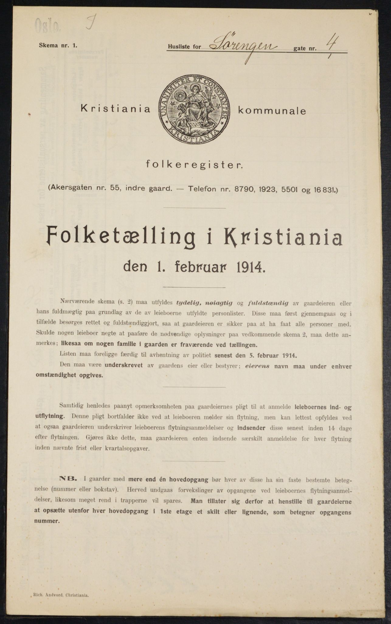 OBA, Kommunal folketelling 1.2.1914 for Kristiania, 1914, s. 107107