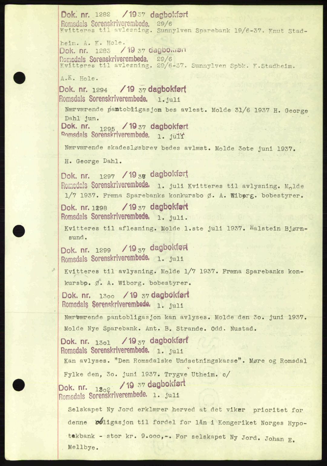 Romsdal sorenskriveri, AV/SAT-A-4149/1/2/2C: Pantebok nr. C1a, 1936-1945, Dagboknr: 1282/1937