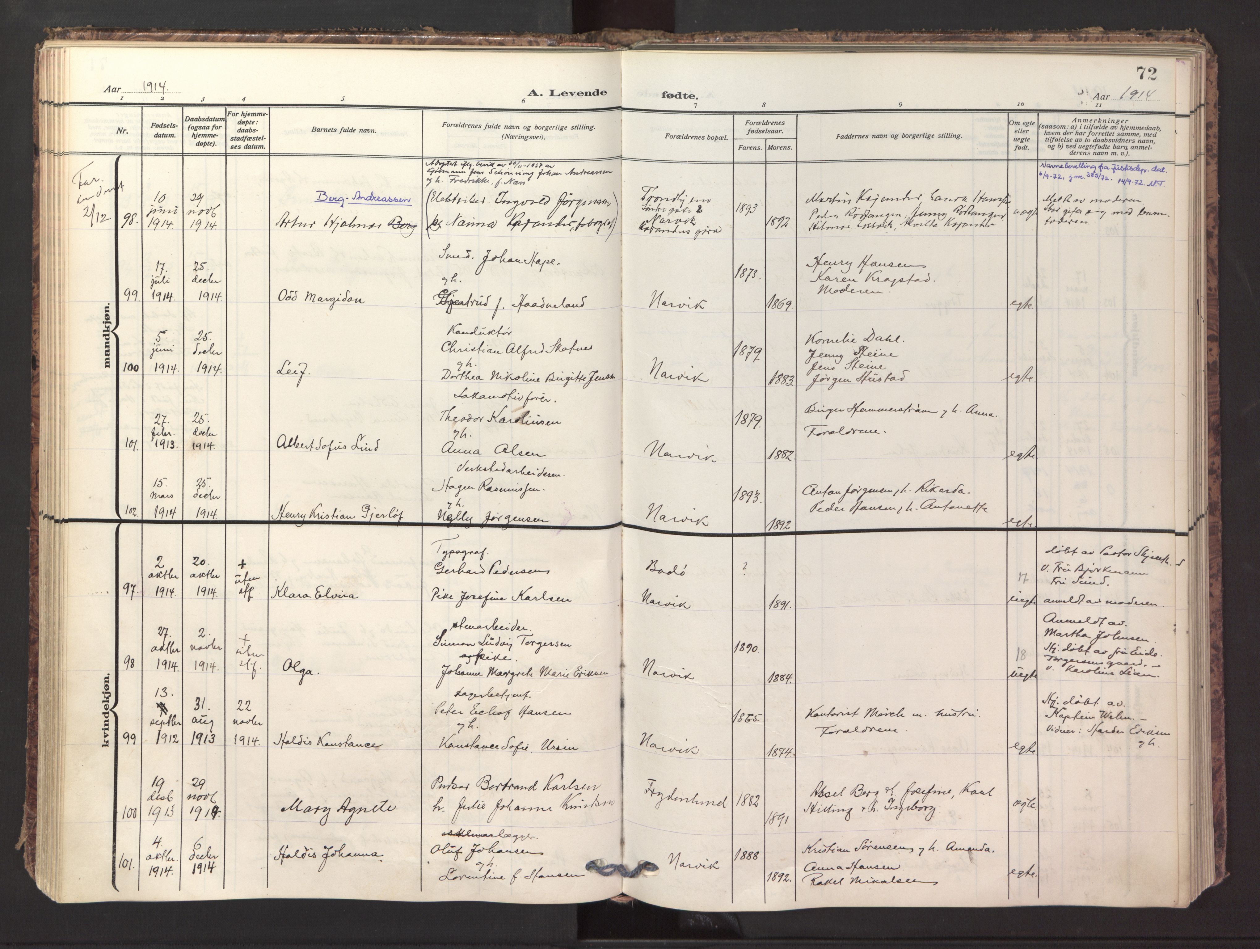 Ministerialprotokoller, klokkerbøker og fødselsregistre - Nordland, AV/SAT-A-1459/871/L1001: Ministerialbok nr. 871A17, 1911-1921, s. 72