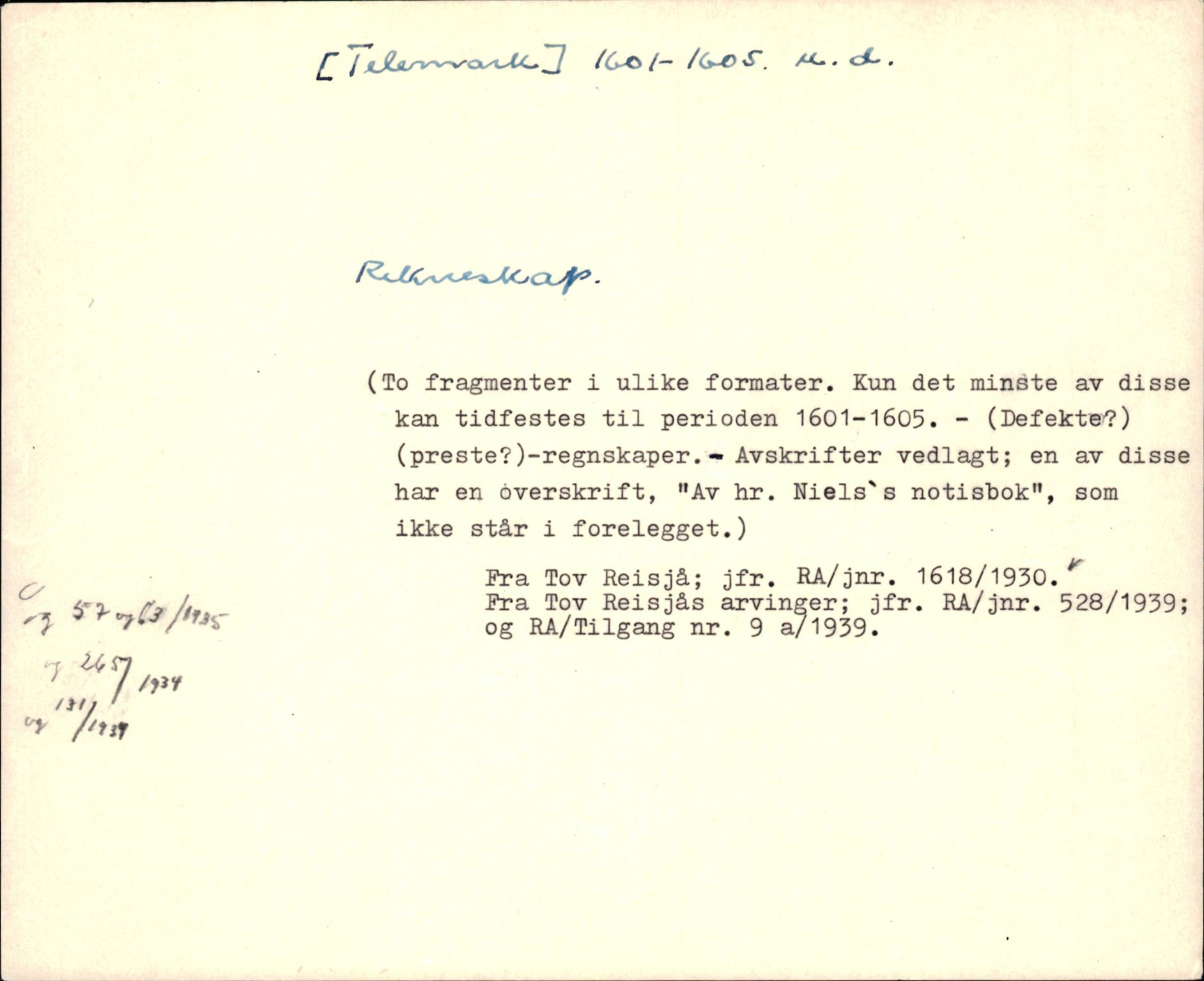 Riksarkivets diplomsamling, AV/RA-EA-5965/F35/F35k/L0003: Regestsedler: Prestearkiver fra Telemark, Agder, Vestlandet og Trøndelag, s. 171