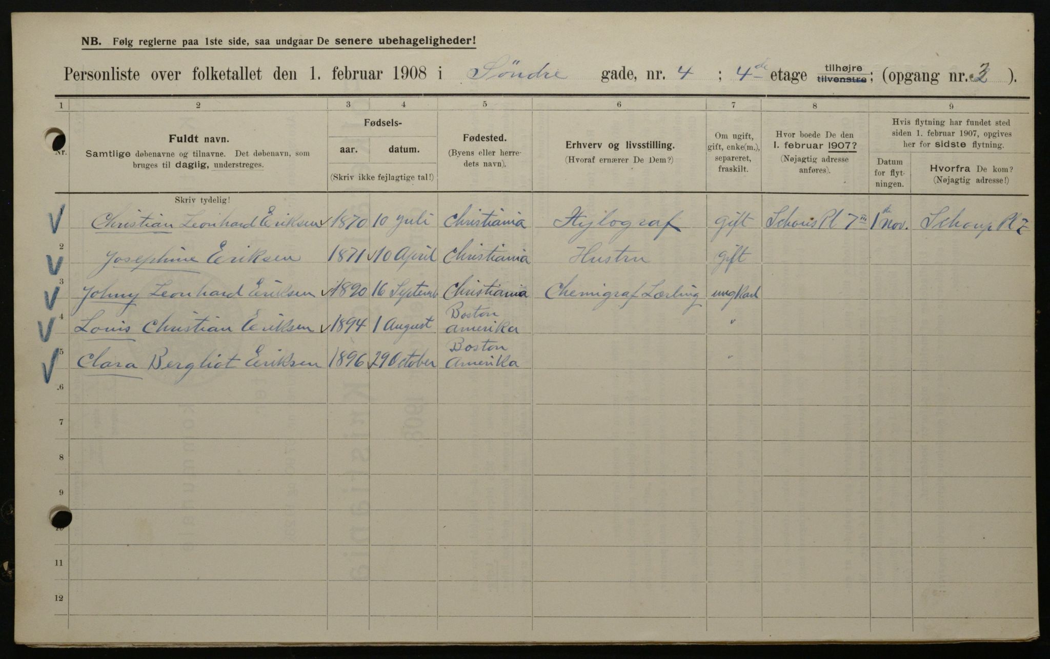 OBA, Kommunal folketelling 1.2.1908 for Kristiania kjøpstad, 1908, s. 95556