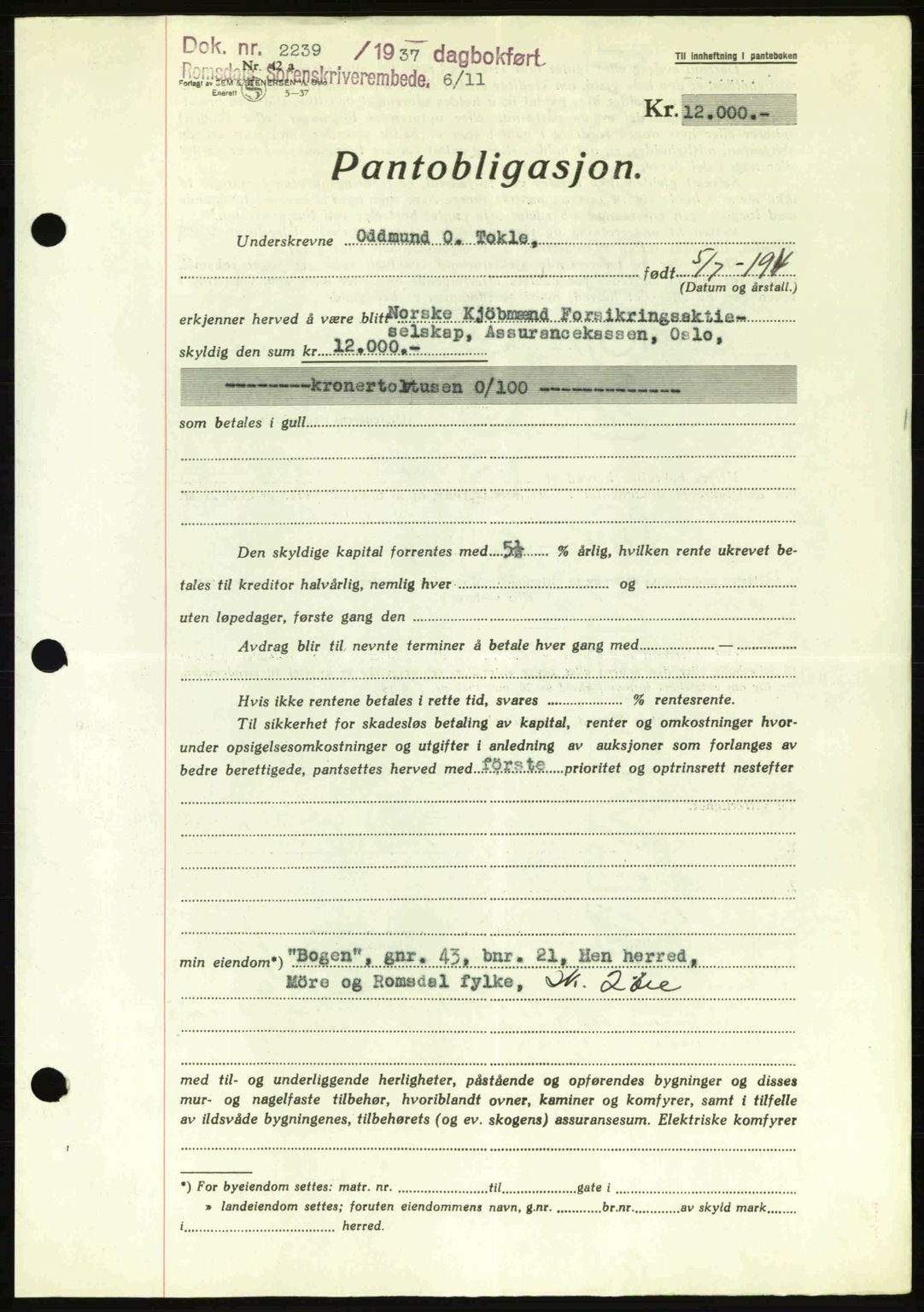 Romsdal sorenskriveri, SAT/A-4149/1/2/2C: Pantebok nr. B1, 1936-1939, Dagboknr: 2239/1937