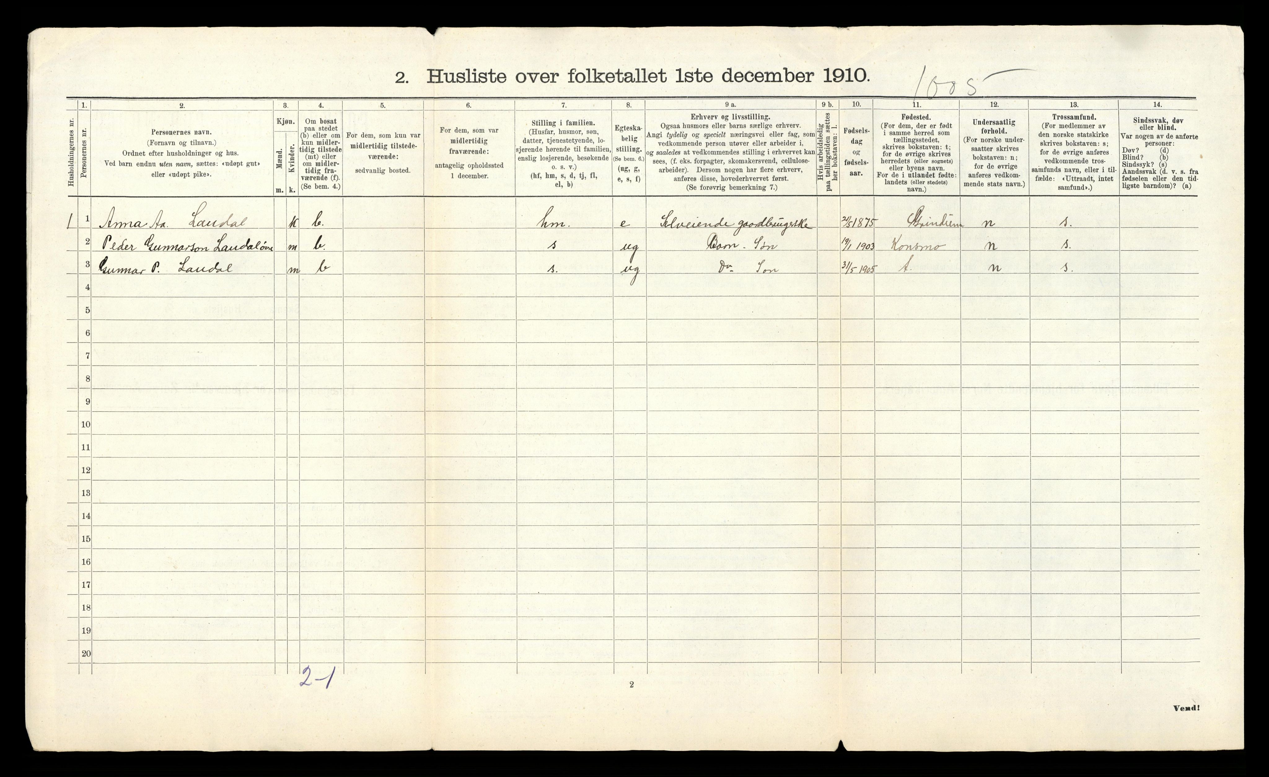 RA, Folketelling 1910 for 1022 Laudal herred, 1910, s. 26