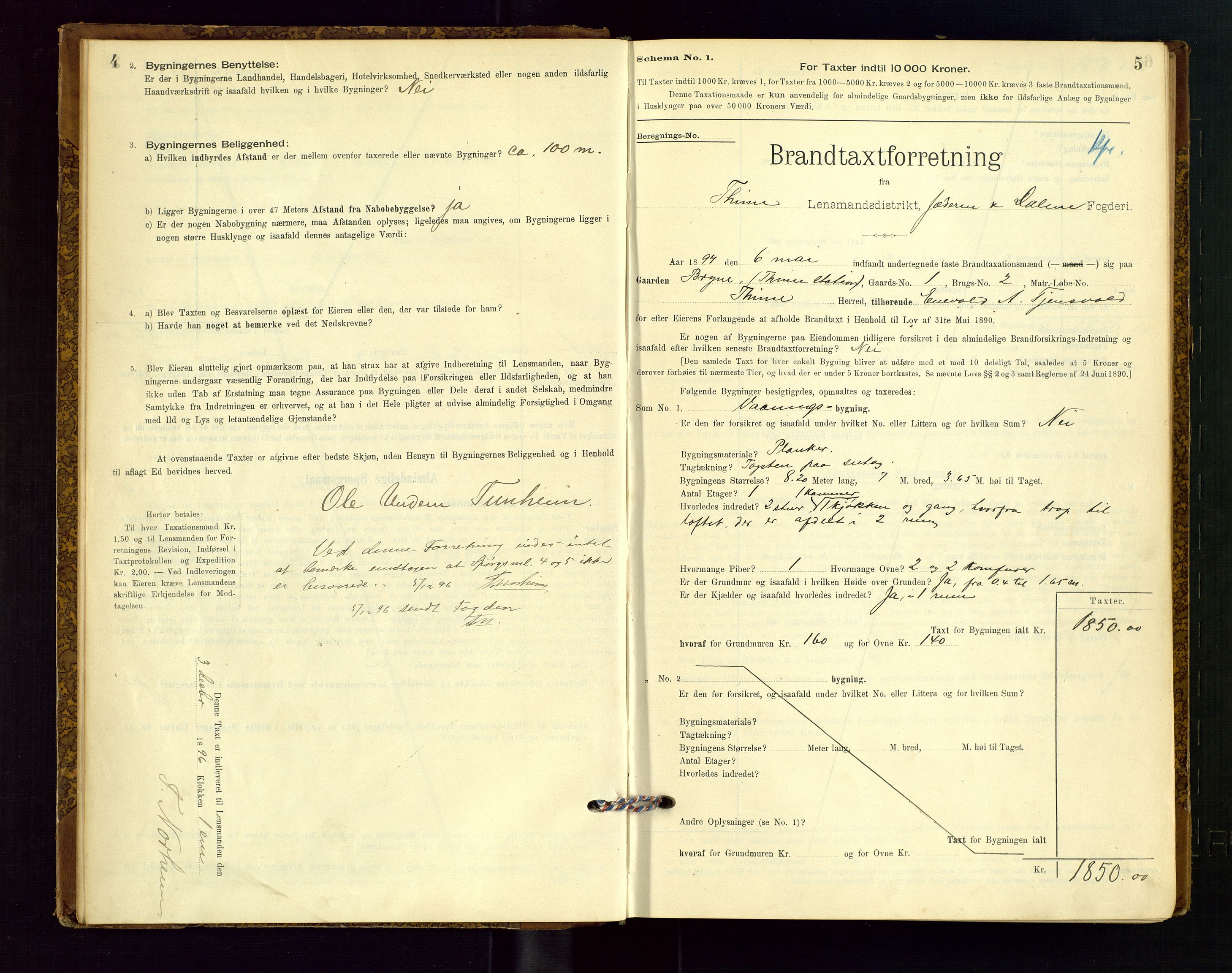 Time lensmannskontor, AV/SAST-A-100420/Gob/L0001: Branntakstprotokoll, 1896-1914, s. 4-5
