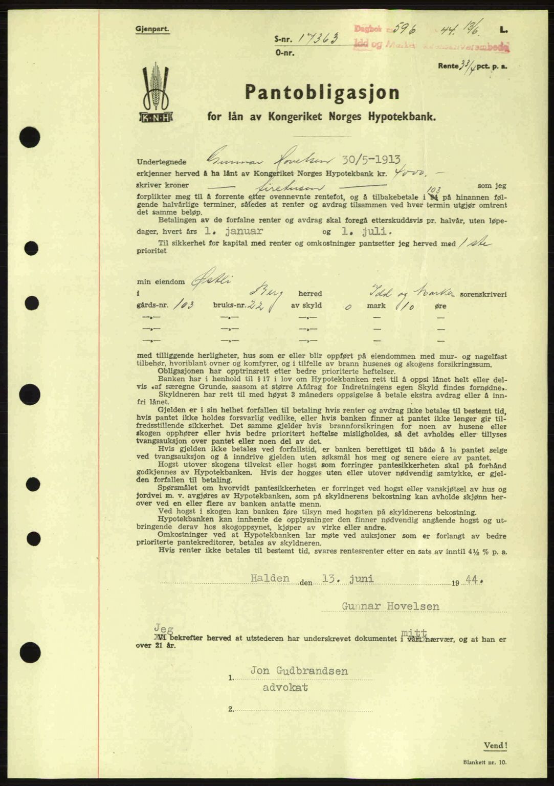 Idd og Marker sorenskriveri, AV/SAO-A-10283/G/Gb/Gbc/L0002: Pantebok nr. B4-9a, 1939-1945, Dagboknr: 596/1944