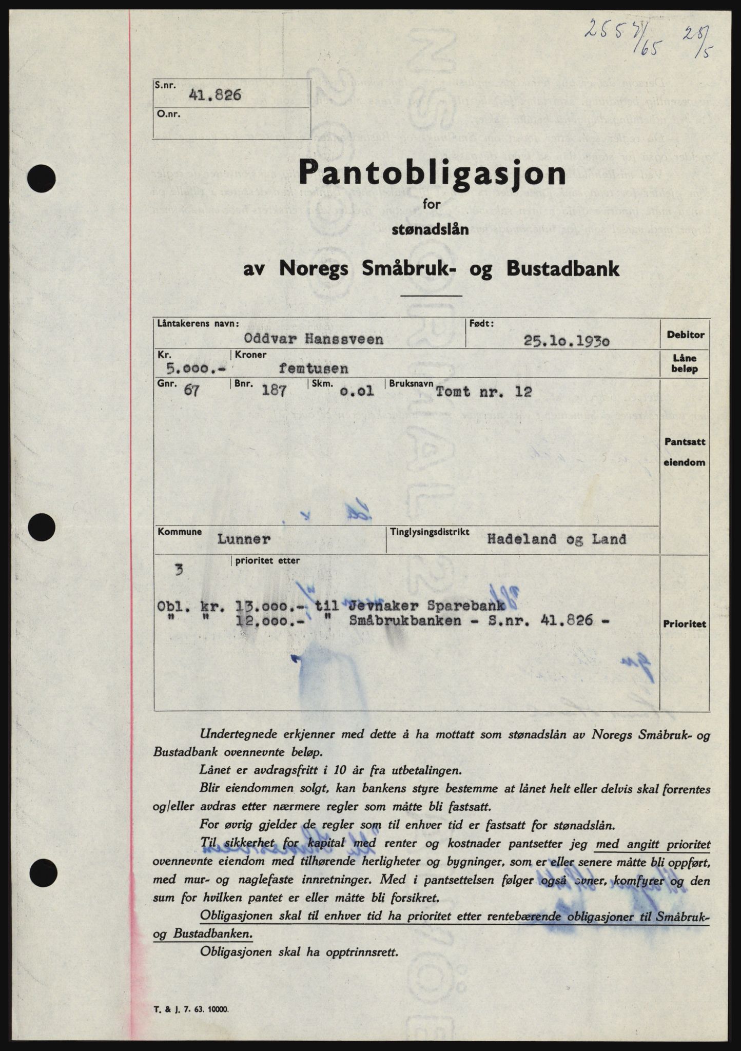 Hadeland og Land tingrett, SAH/TING-010/H/Hb/Hbc/L0059: Pantebok nr. B59, 1965-1965, Dagboknr: 2557/1965