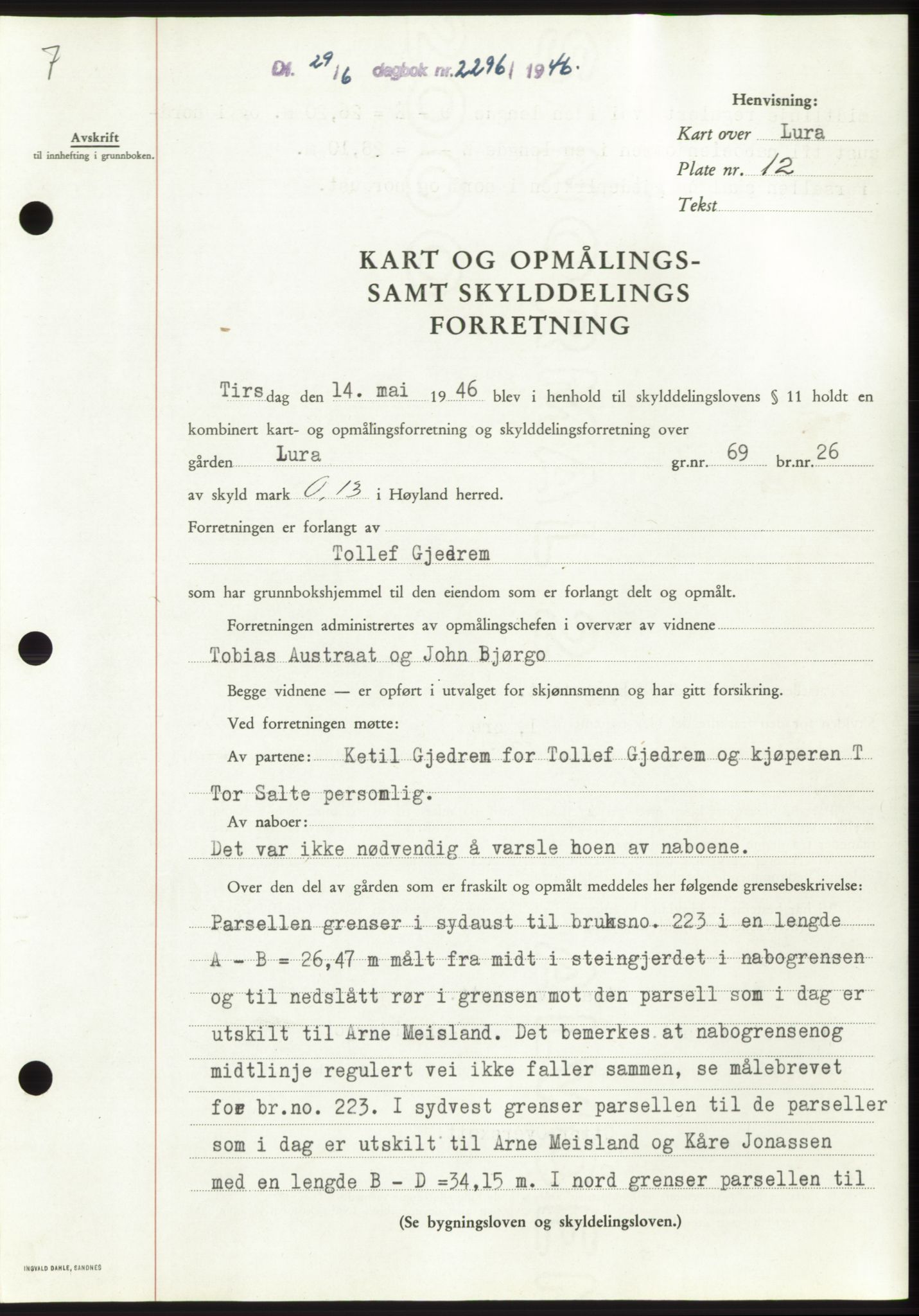 Jæren sorenskriveri, SAST/A-100310/03/G/Gba/L0090: Pantebok, 1946-1946, Dagboknr: 2296/1946