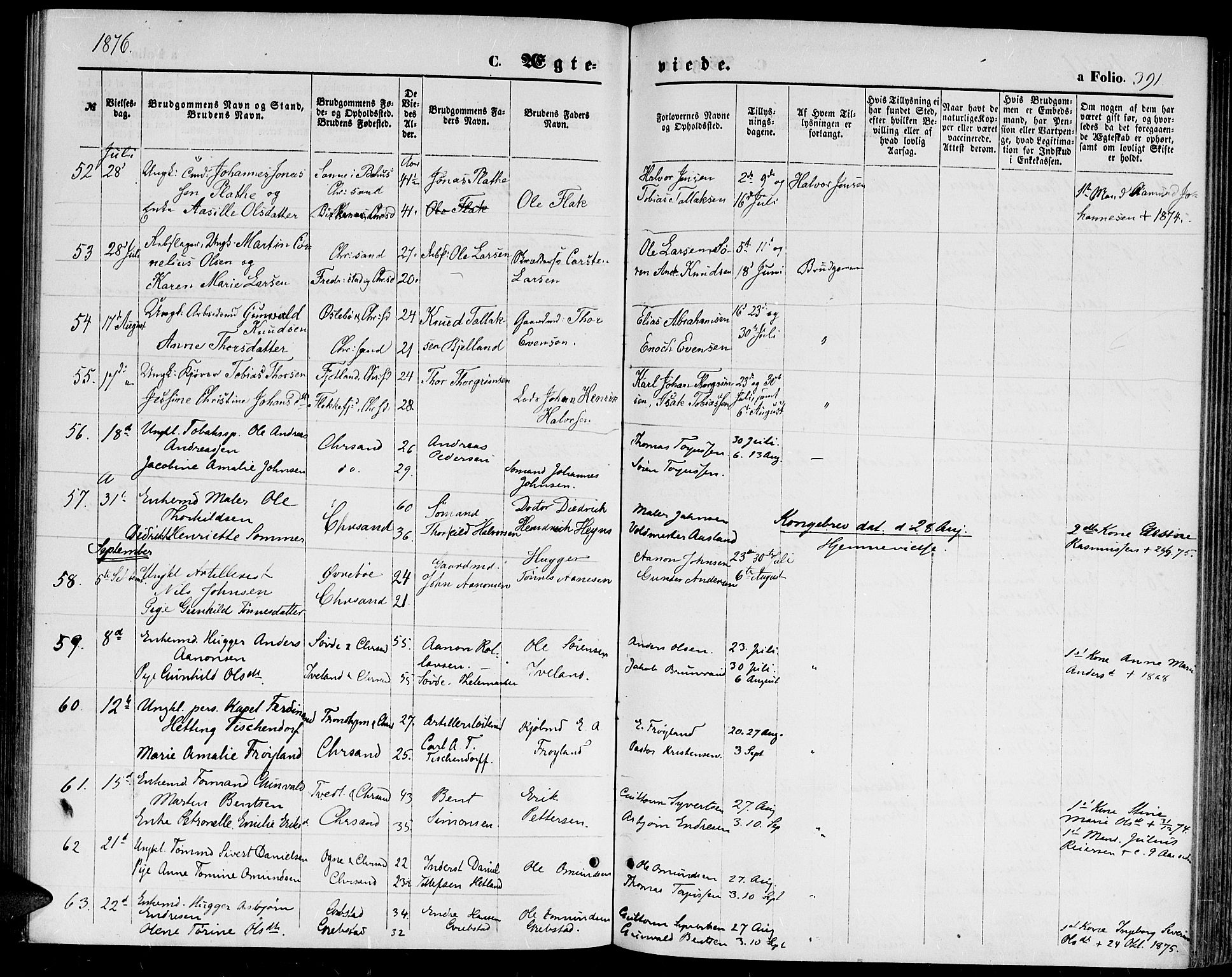 Kristiansand domprosti, AV/SAK-1112-0006/F/Fb/L0013: Klokkerbok nr. B 13, 1871-1880, s. 391