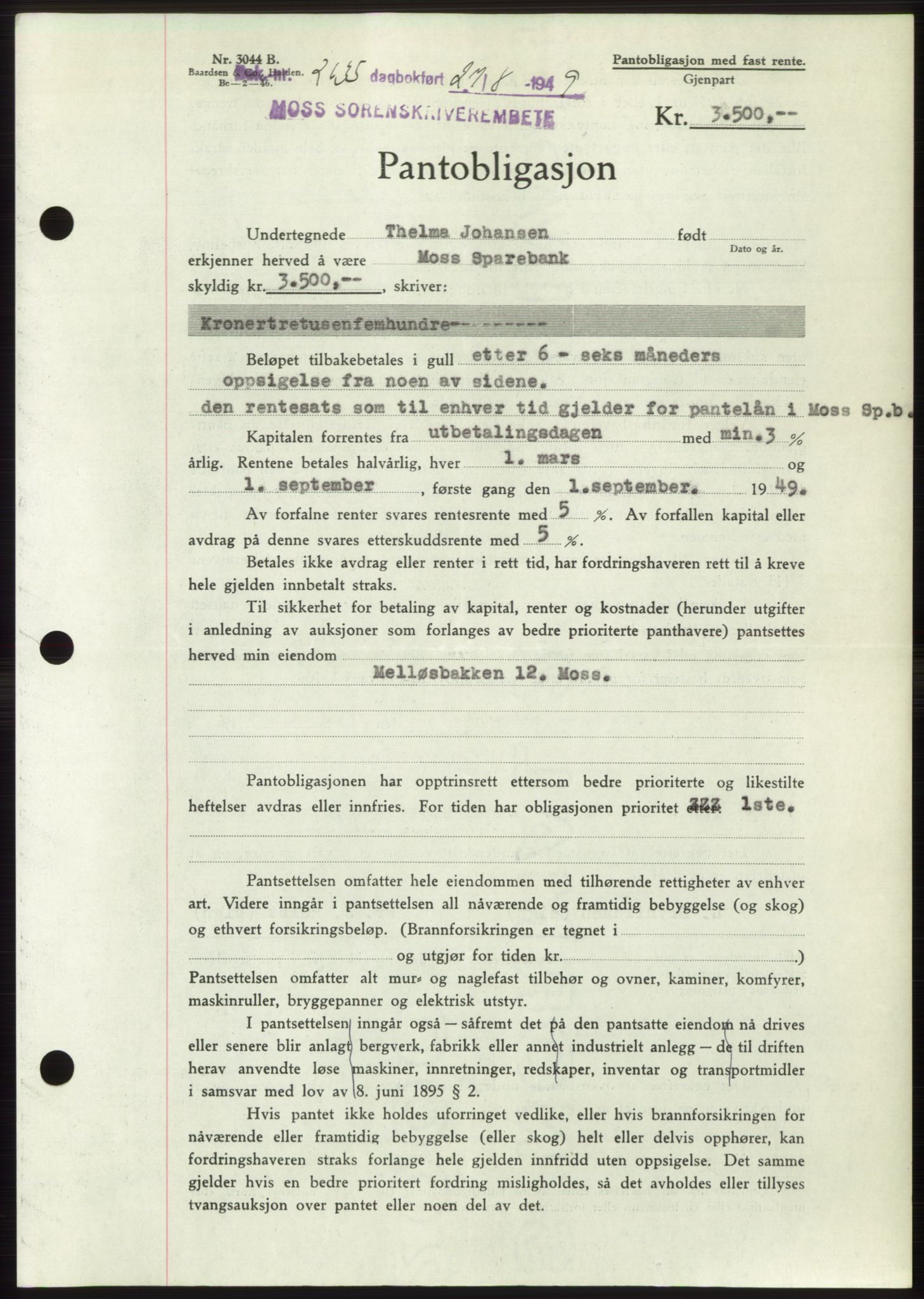 Moss sorenskriveri, SAO/A-10168: Pantebok nr. B22, 1949-1949, Dagboknr: 2635/1949