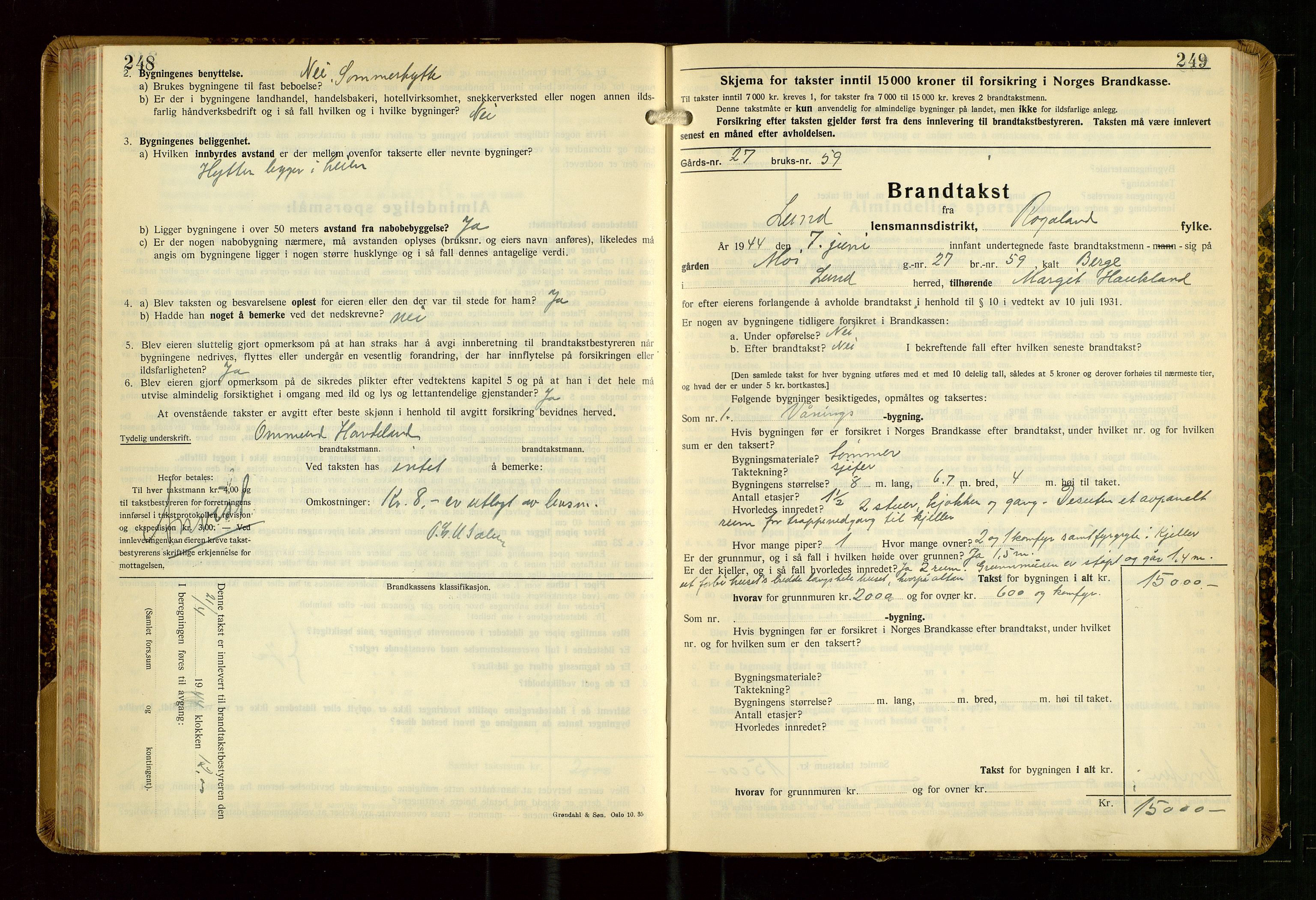 Lund lensmannskontor, AV/SAST-A-100303/Gob/L0006: "Brandtakstprotokoll", 1938-1951, s. 248-249