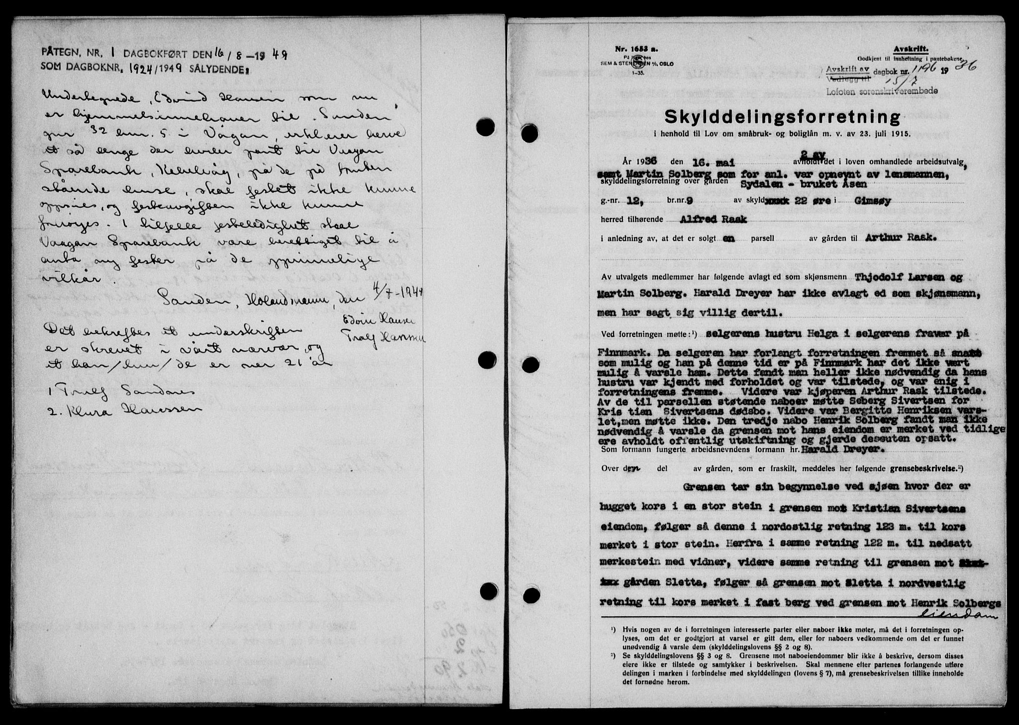 Lofoten sorenskriveri, SAT/A-0017/1/2/2C/L0001a: Pantebok nr. 1a, 1936-1937, Dagboknr: 1196/1936