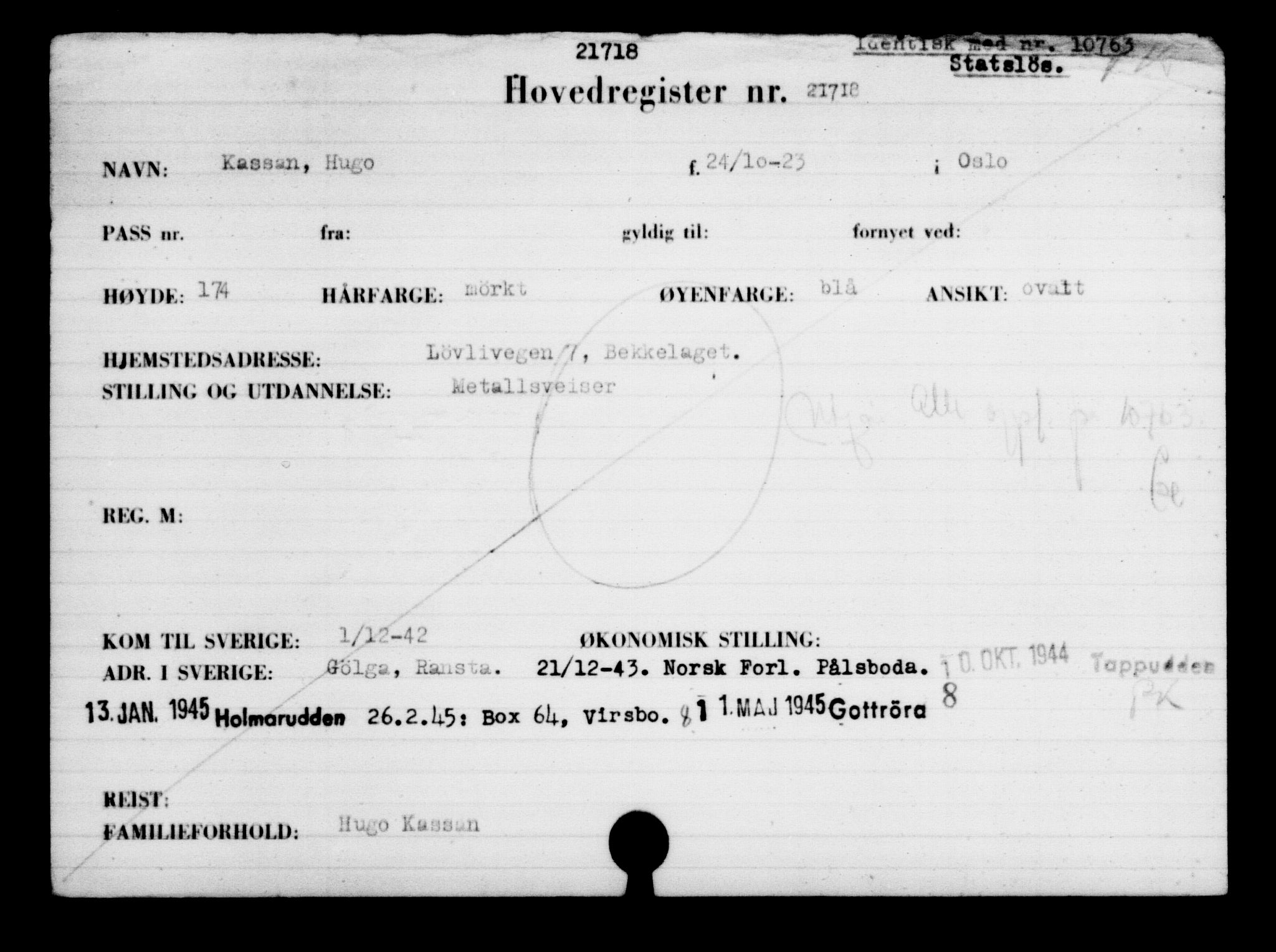 Utenriksstasjonene, Legasjonen i Stockholm, Flyktningkontoret, AV/RA-S-6753/V/Va/L0009: Kjesäterkartoteket, flyktninger med registreringsnr. 18502-22048, 1940-1945, s. 2743