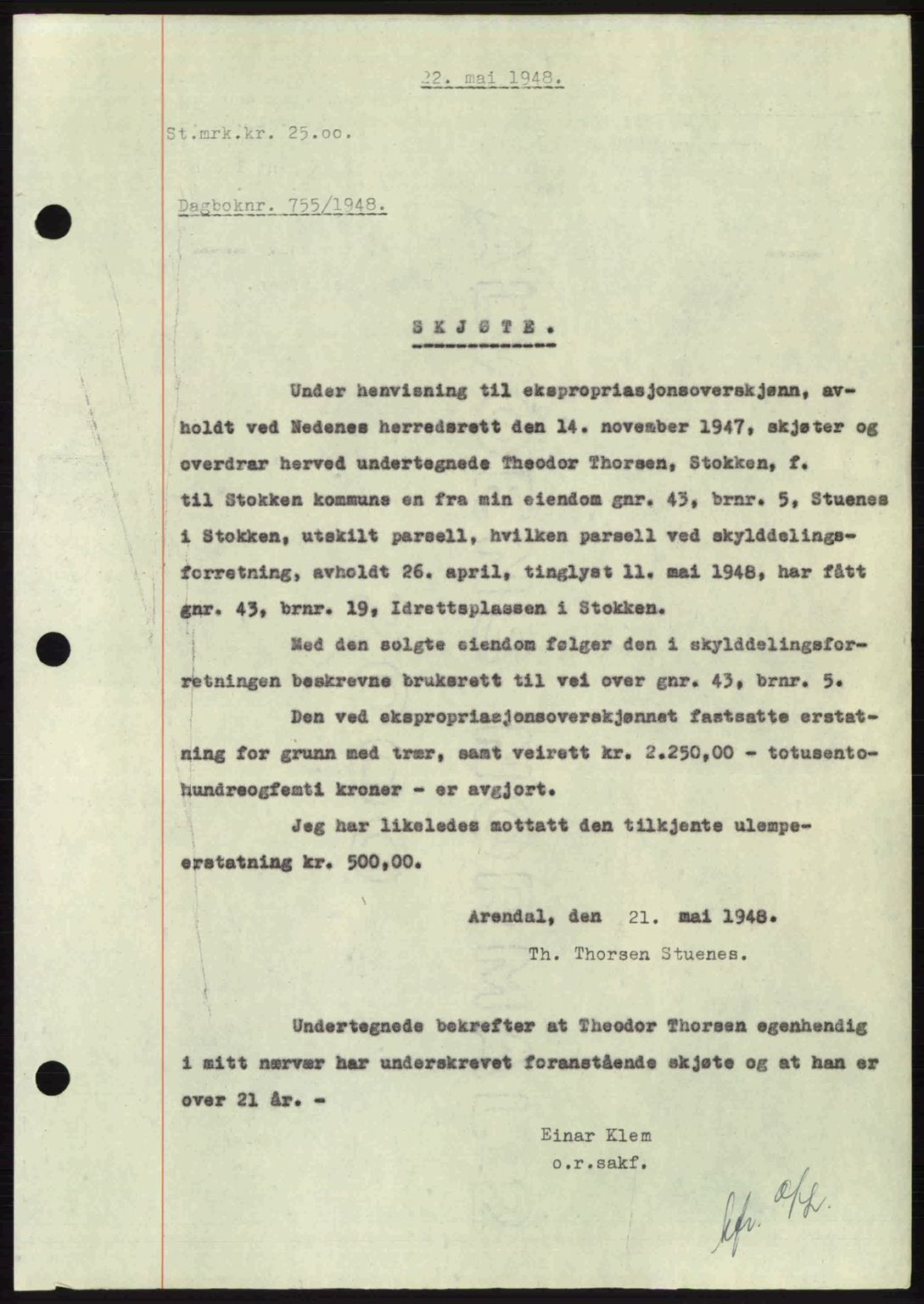Nedenes sorenskriveri, SAK/1221-0006/G/Gb/Gba/L0059: Pantebok nr. A11, 1948-1948, Dagboknr: 755/1948