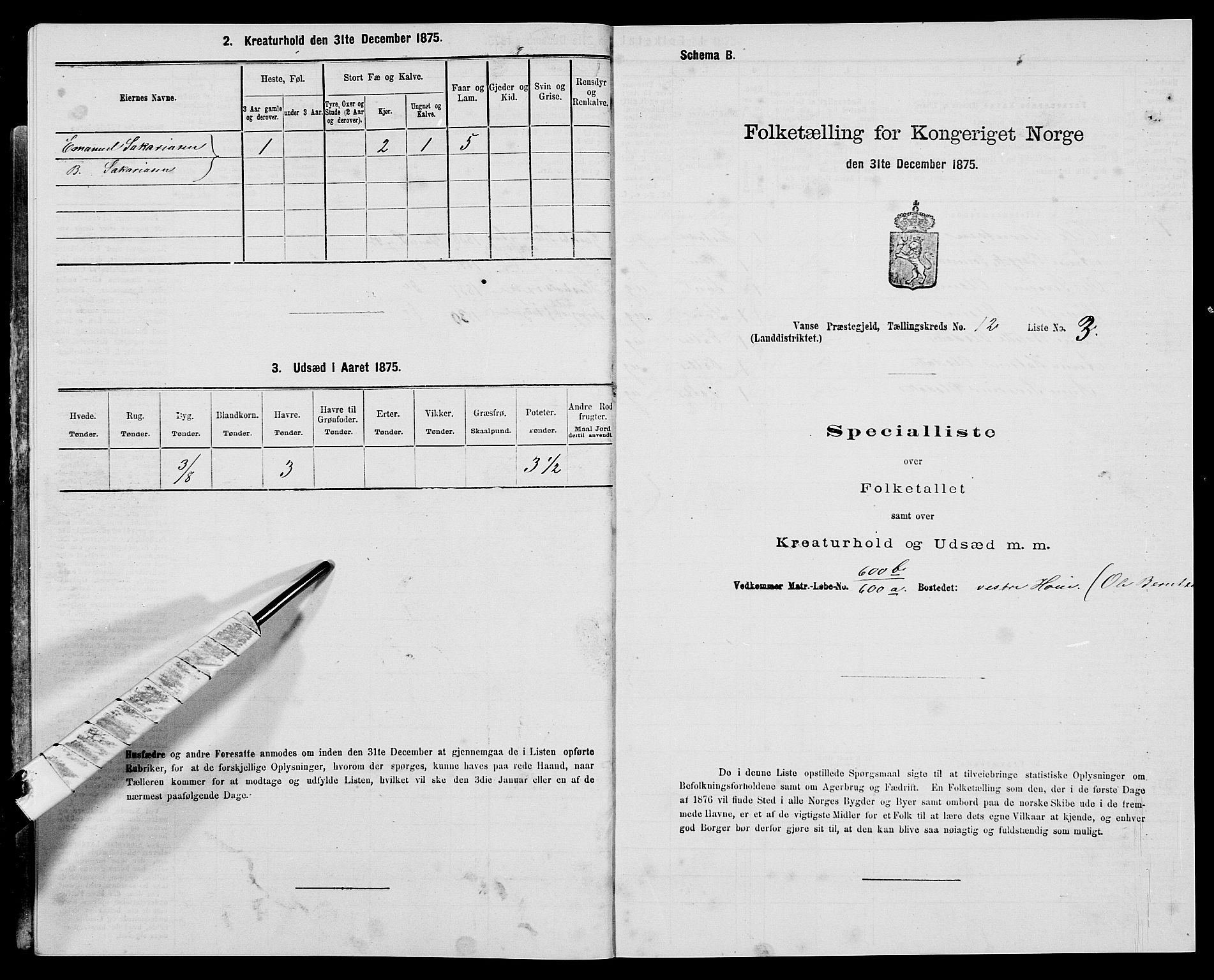 SAK, Folketelling 1875 for 1041L Vanse prestegjeld, Vanse sokn og Farsund landsokn, 1875, s. 2154