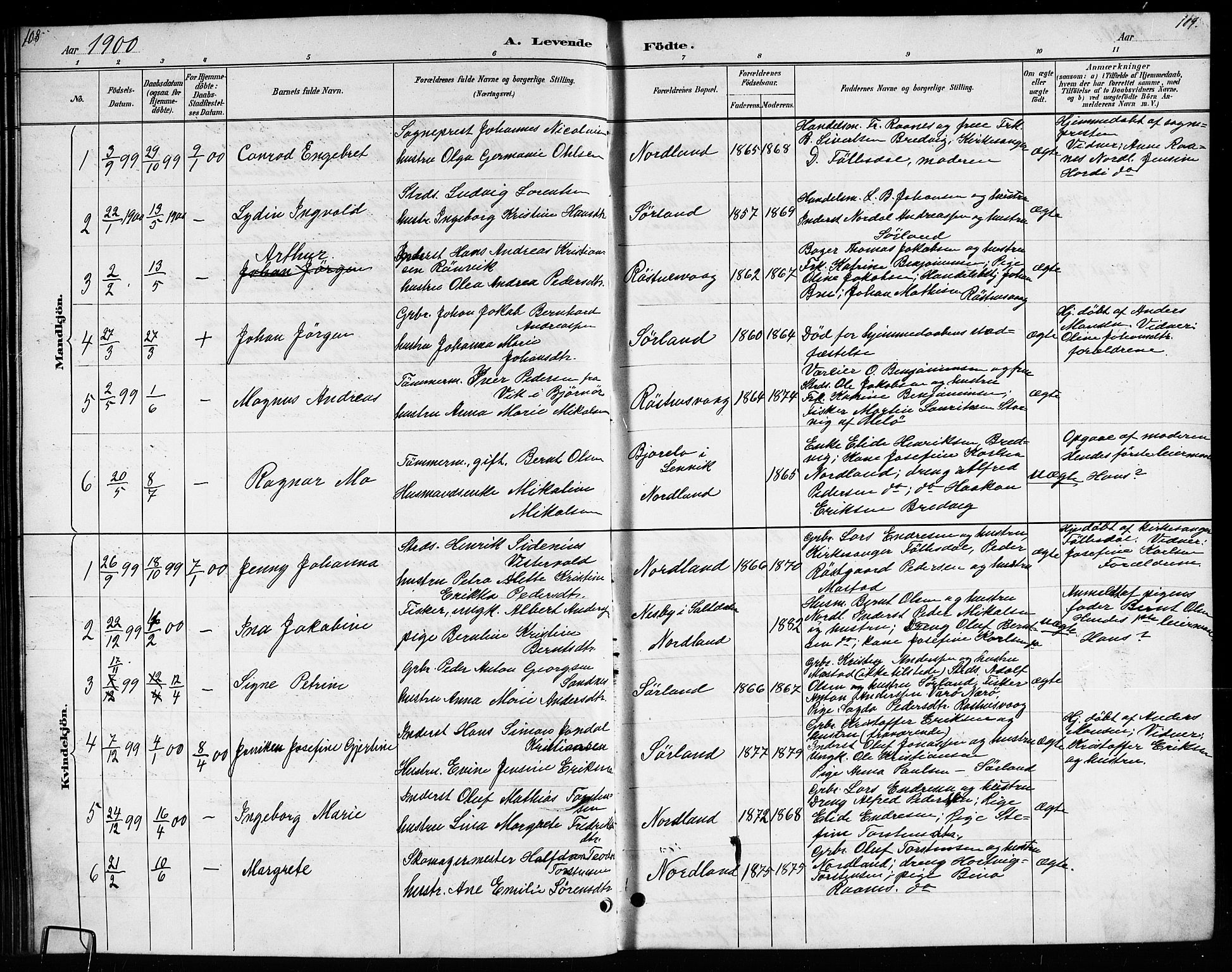 Ministerialprotokoller, klokkerbøker og fødselsregistre - Nordland, AV/SAT-A-1459/807/L0123: Klokkerbok nr. 807C01, 1884-1910, s. 108-109