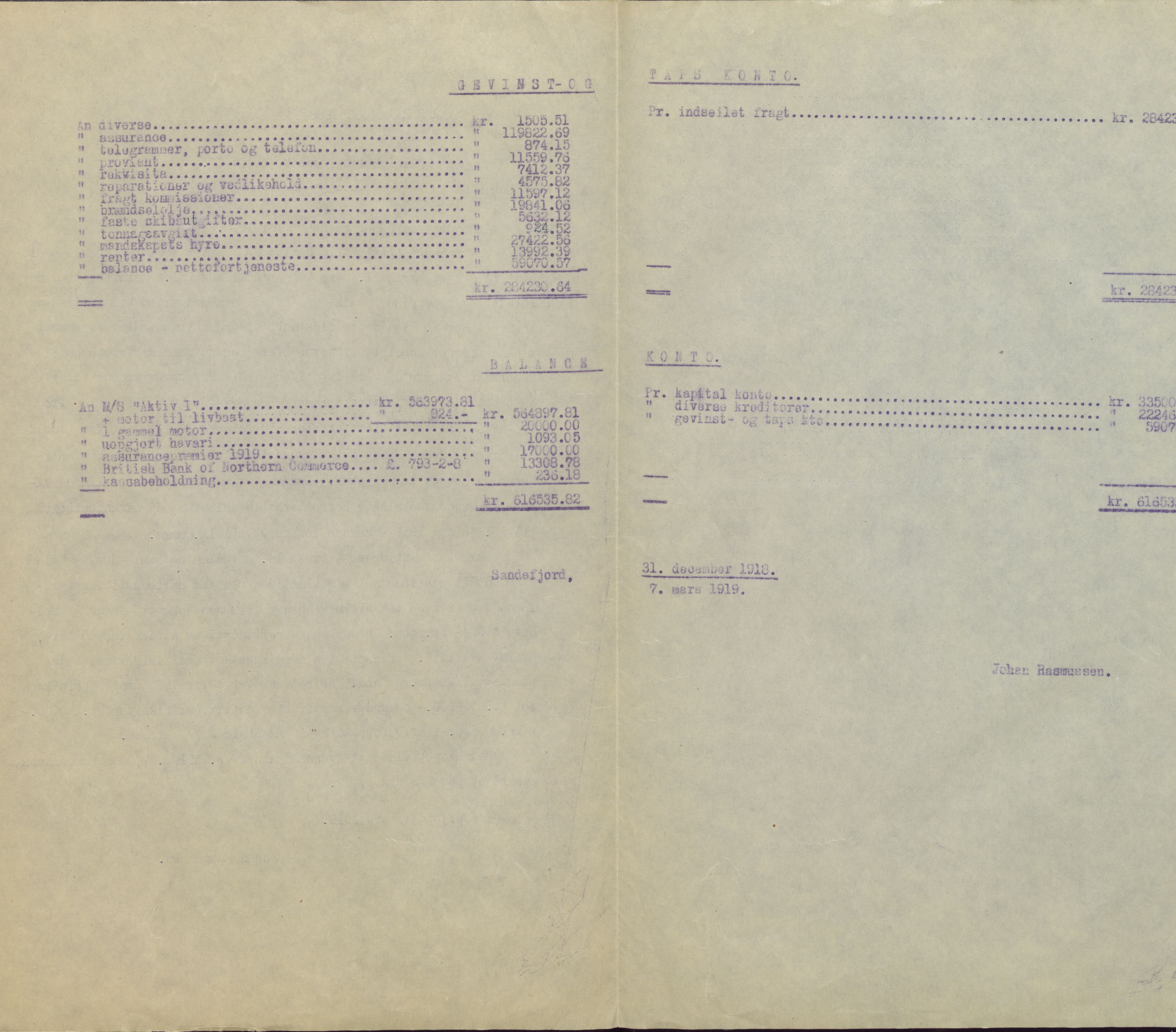 Skipsaktieselskabet Aktiv 1, VEMU/ARS-A-1046/A/L0001: Dokumentasjon vedrørende drift, 1916-1922