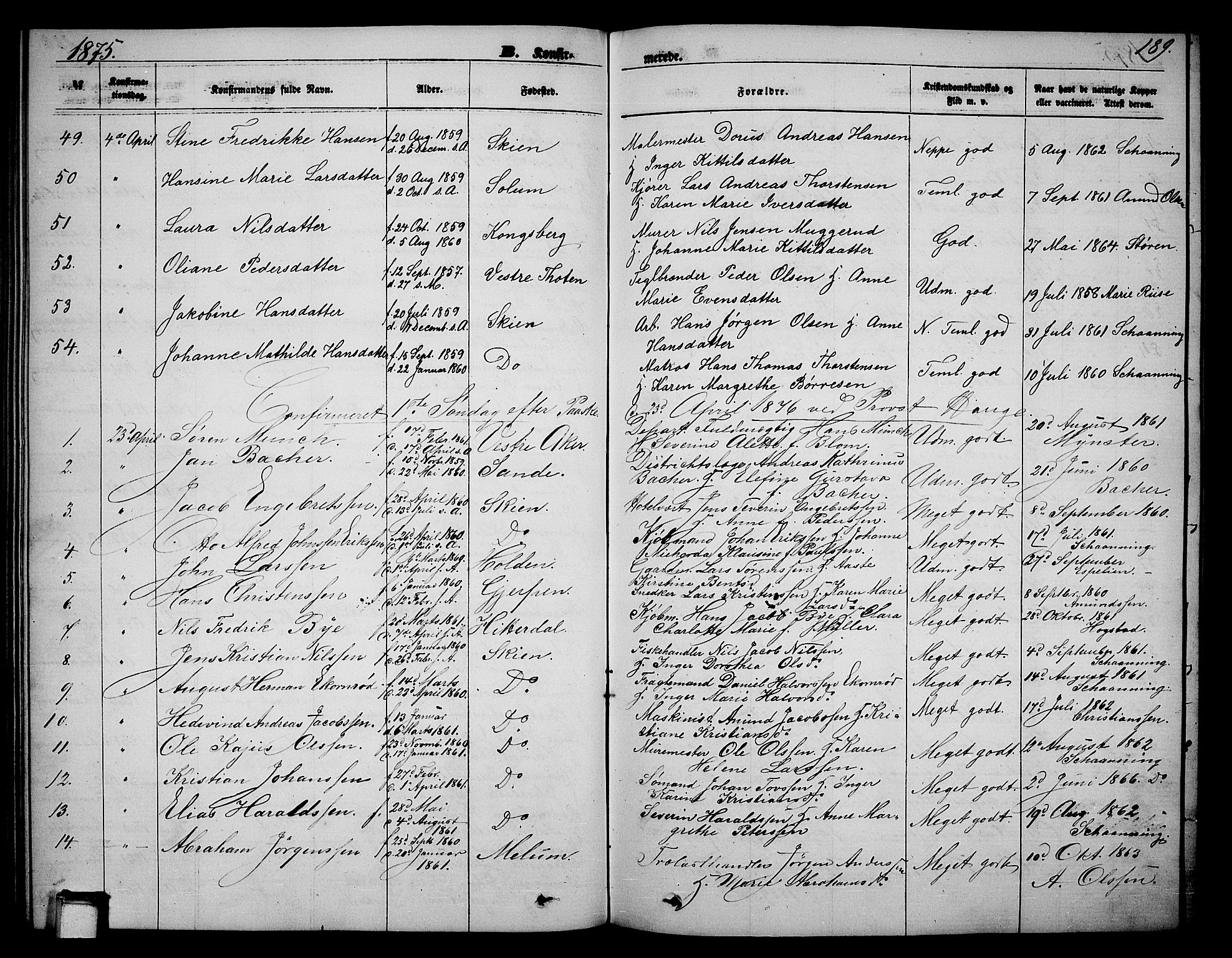 Skien kirkebøker, AV/SAKO-A-302/G/Ga/L0005: Klokkerbok nr. 5, 1868-1880, s. 189