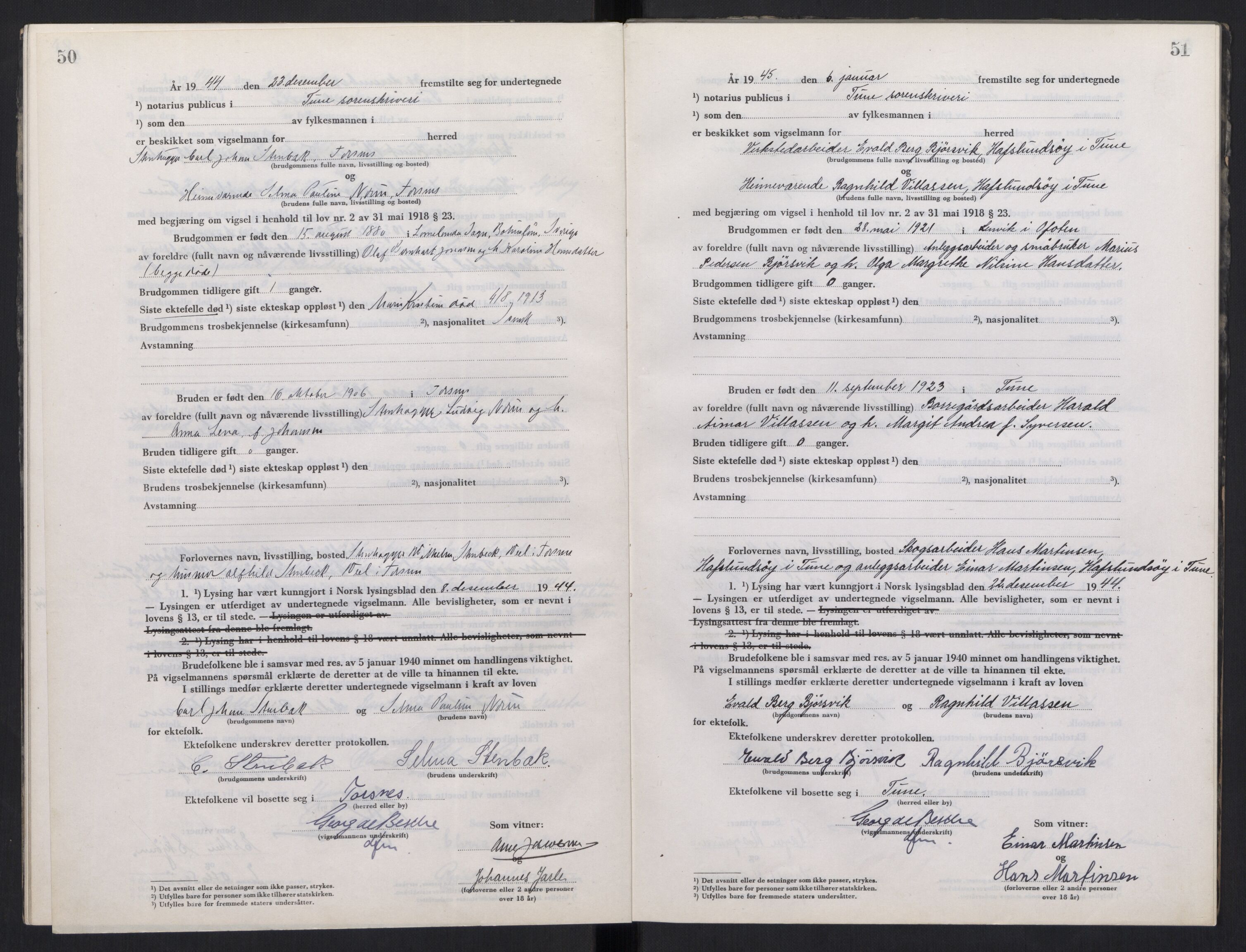 Tune sorenskriveri, AV/SAO-A-10470/L/Lb/L0003: Vigselprotokoll, 1944-1951, s. 50-51