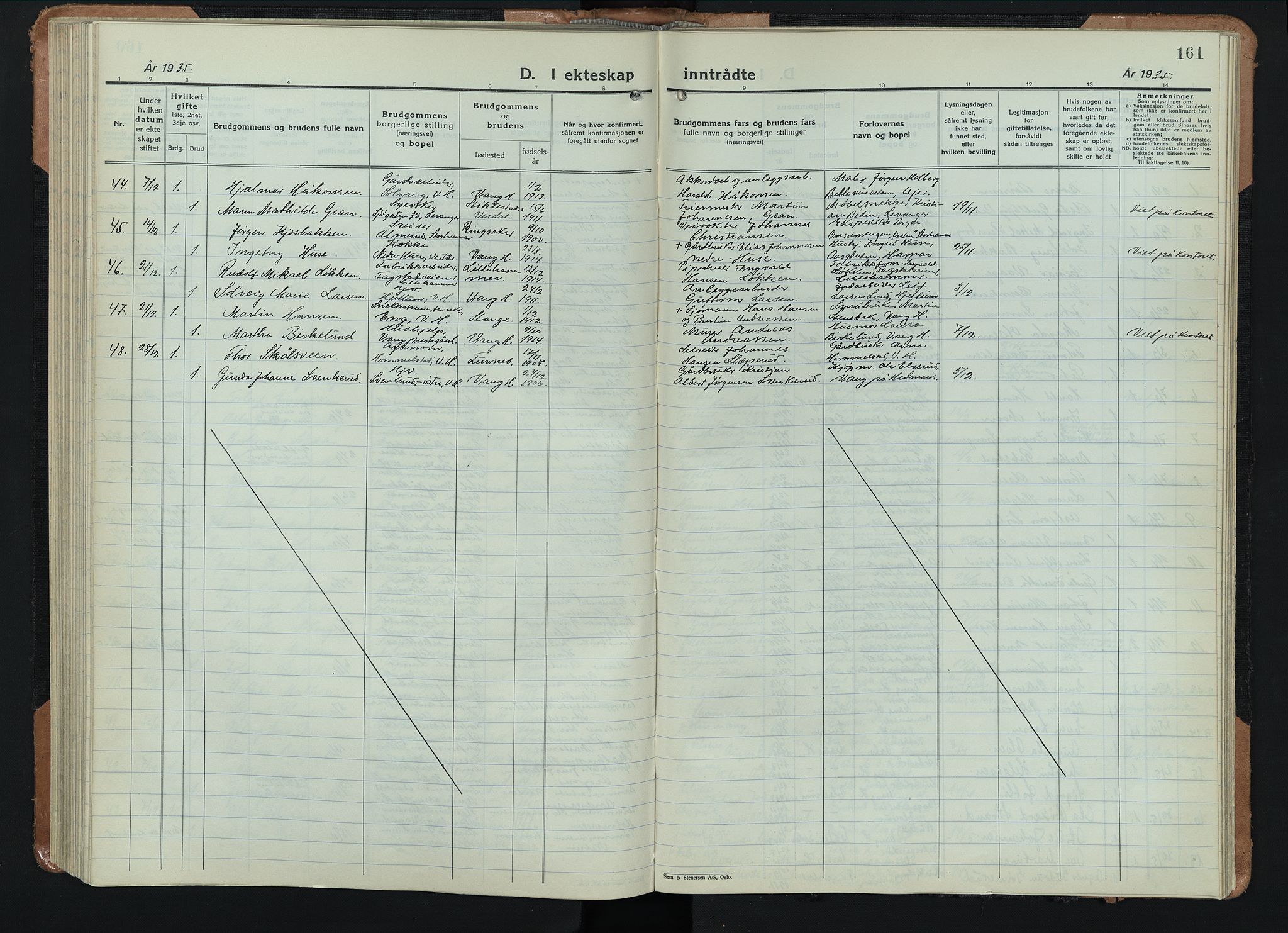 Vang prestekontor, Hedmark, AV/SAH-PREST-008/H/Ha/Hab/L0016: Klokkerbok nr. 16, 1933-1945, s. 161