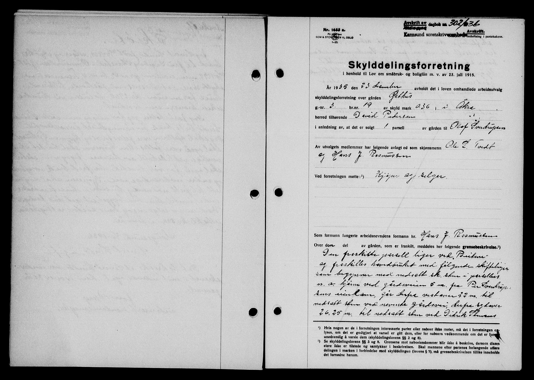Karmsund sorenskriveri, SAST/A-100311/01/II/IIB/L0066: Pantebok nr. 47A, 1936-1936, Dagboknr: 302/1936
