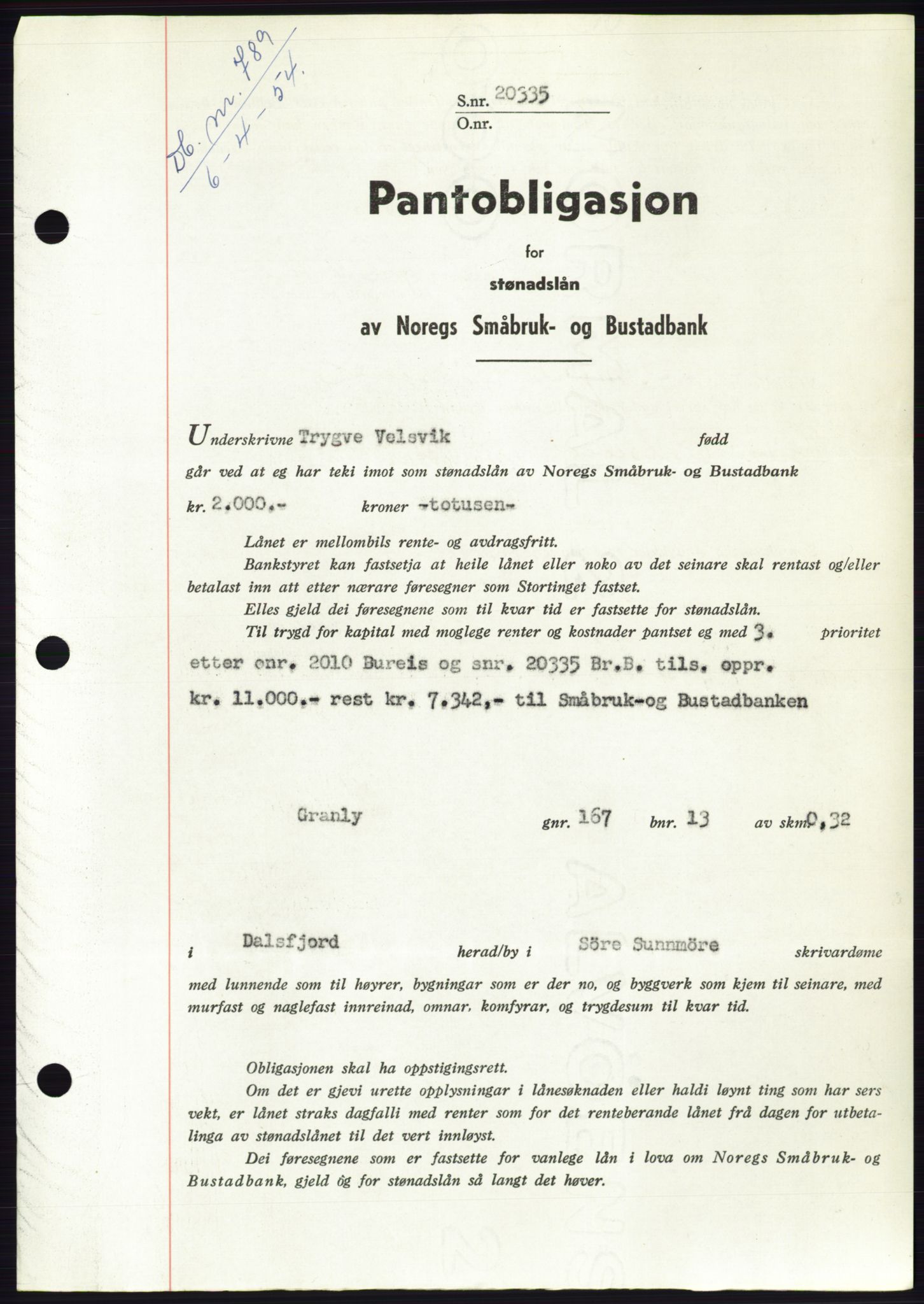 Søre Sunnmøre sorenskriveri, SAT/A-4122/1/2/2C/L0124: Pantebok nr. 12B, 1953-1954, Dagboknr: 789/1954