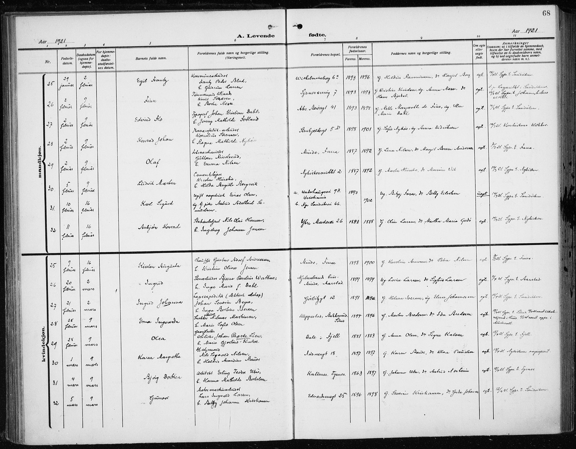 Fødselsstiftelsens sokneprestembete*, SAB/-: Ministerialbok nr. A 5, 1918-1926, s. 68