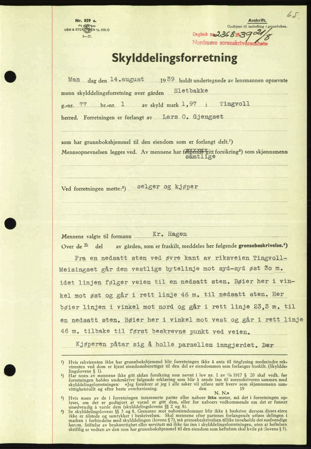 Nordmøre sorenskriveri, SAT/A-4132/1/2/2Ca: Pantebok nr. A87, 1939-1940, Dagboknr: 2368/1939