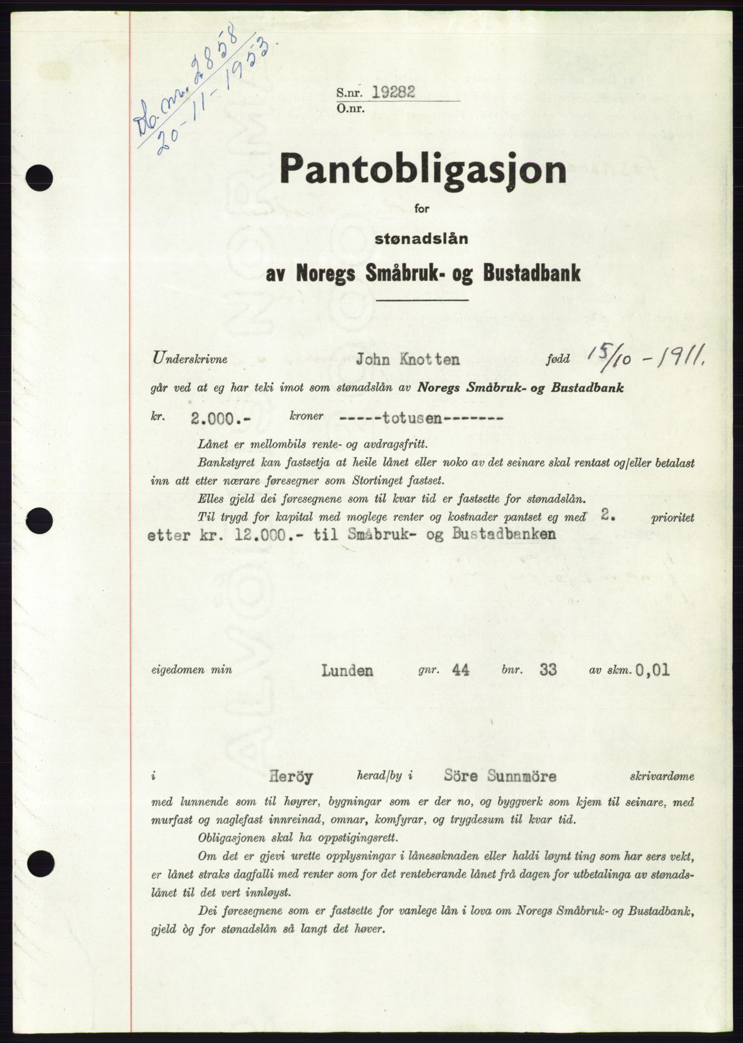 Søre Sunnmøre sorenskriveri, SAT/A-4122/1/2/2C/L0124: Pantebok nr. 12B, 1953-1954, Dagboknr: 2858/1953