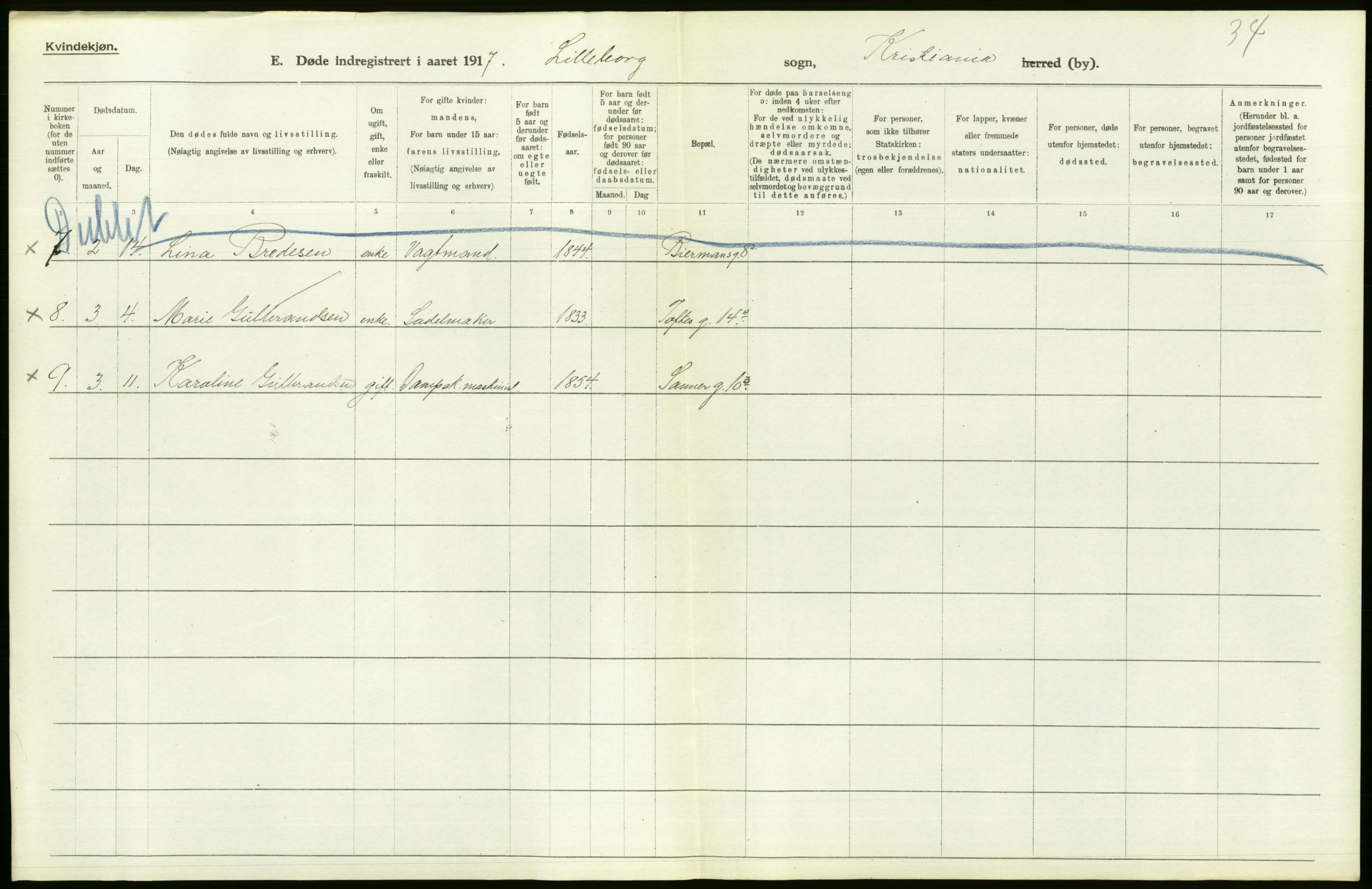 Statistisk sentralbyrå, Sosiodemografiske emner, Befolkning, AV/RA-S-2228/D/Df/Dfb/Dfbg/L0010: Kristiania: Døde, 1917, s. 148