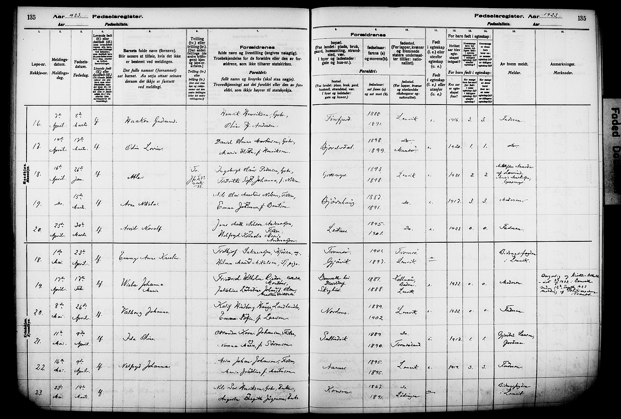 Lenvik sokneprestembete, AV/SATØ-S-1310/I/Ic/L0089: Fødselsregister nr. 89, 1916-1926, s. 135