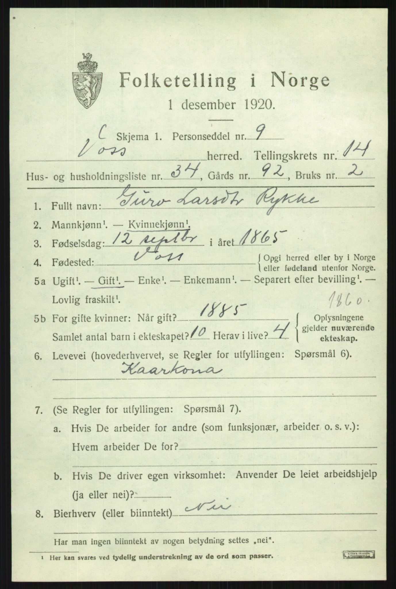 SAB, Folketelling 1920 for 1235 Voss herred, 1920, s. 12143