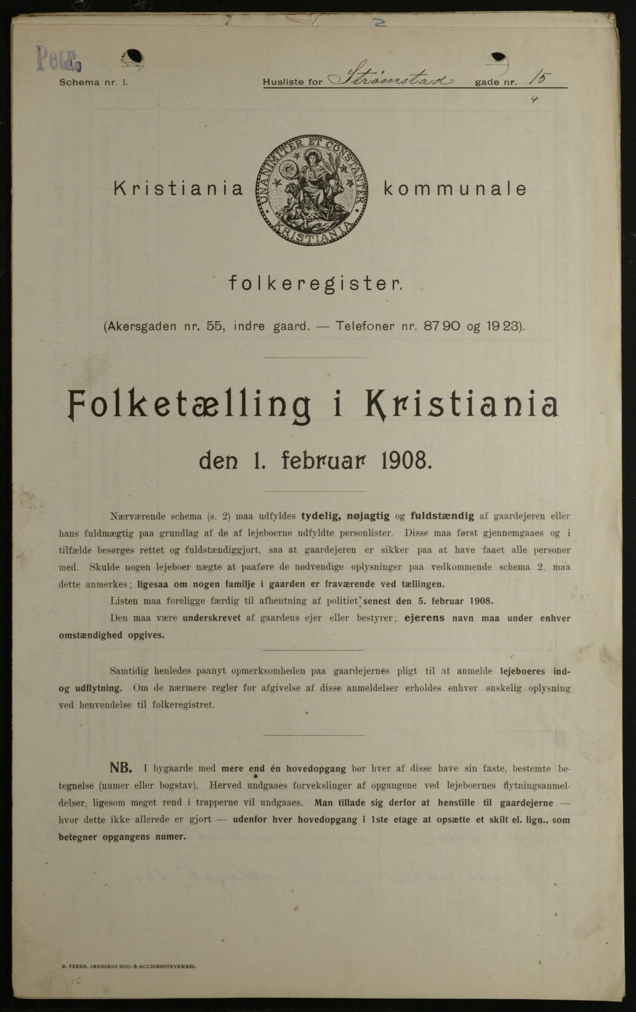 OBA, Kommunal folketelling 1.2.1908 for Kristiania kjøpstad, 1908, s. 93460