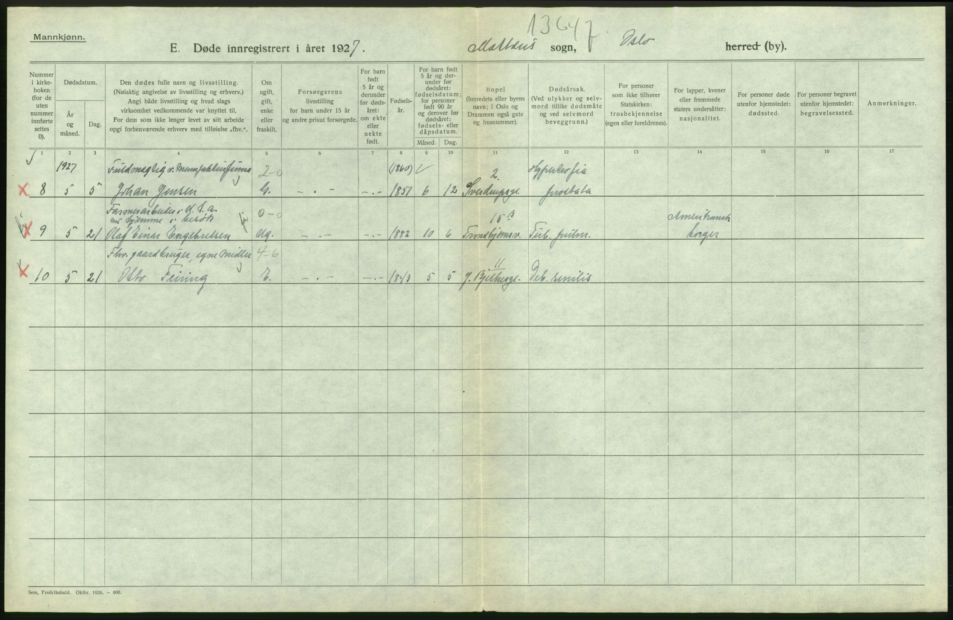 Statistisk sentralbyrå, Sosiodemografiske emner, Befolkning, RA/S-2228/D/Df/Dfc/Dfcg/L0009: Oslo: Døde menn, 1927, s. 308