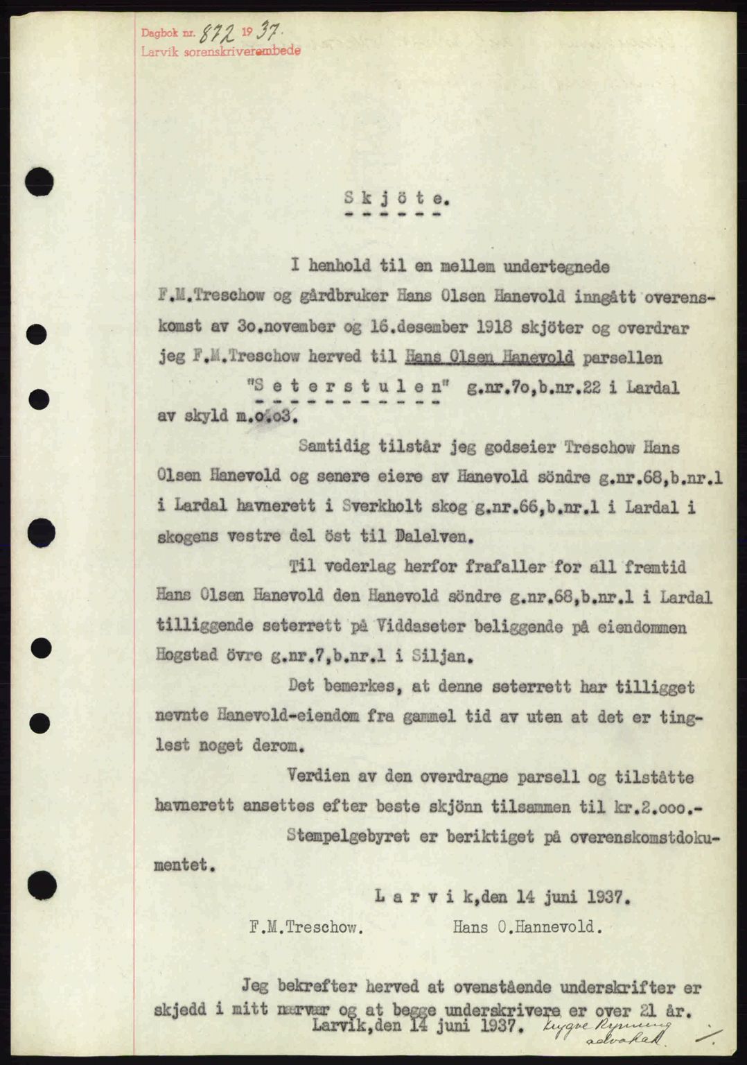 Larvik sorenskriveri, SAKO/A-83/G/Ga/Gab/L0067: Pantebok nr. A-1, 1936-1937, Dagboknr: 872/1937