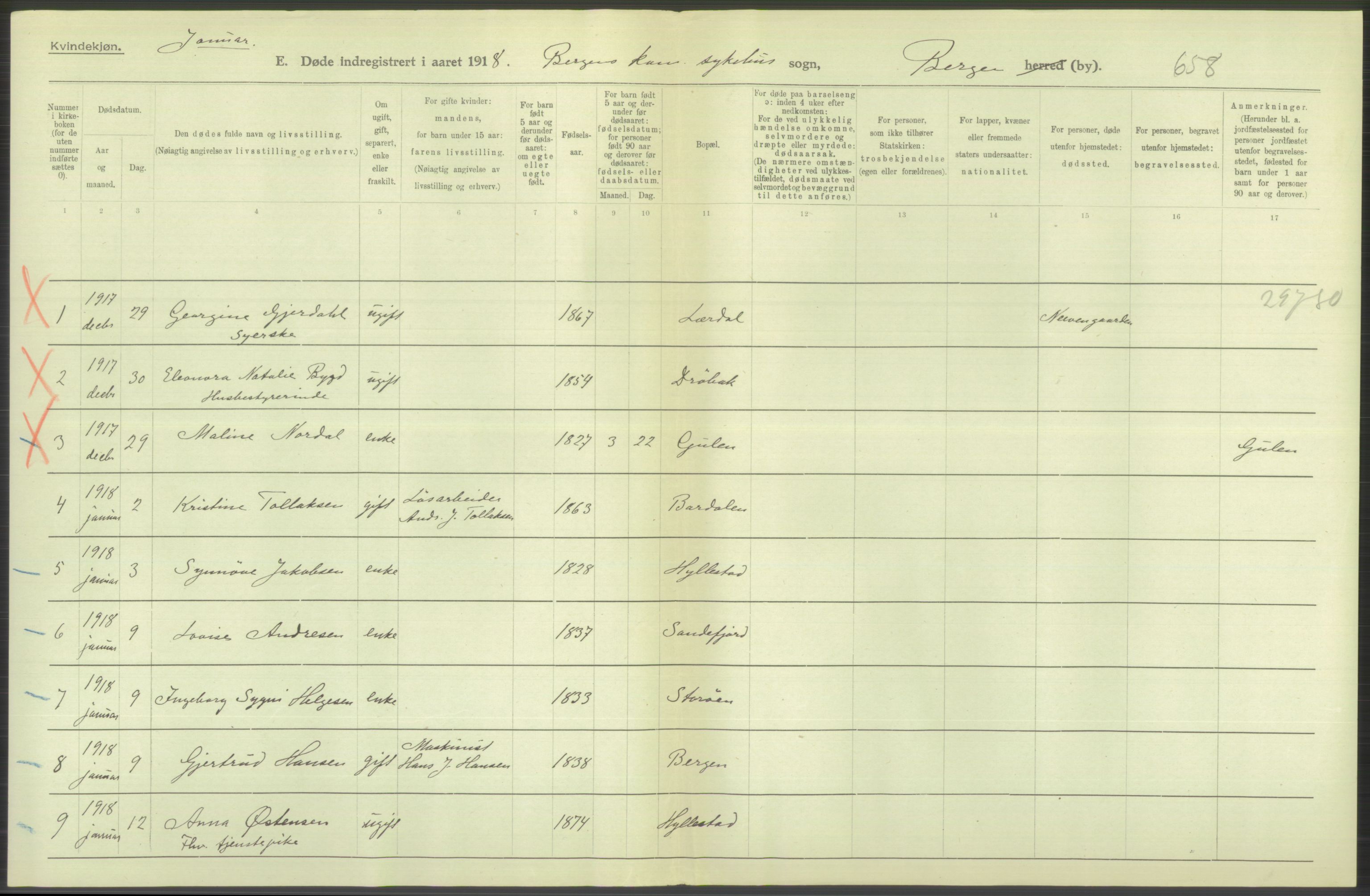 Statistisk sentralbyrå, Sosiodemografiske emner, Befolkning, AV/RA-S-2228/D/Df/Dfb/Dfbh/L0039: Bergen: Døde., 1918, s. 442