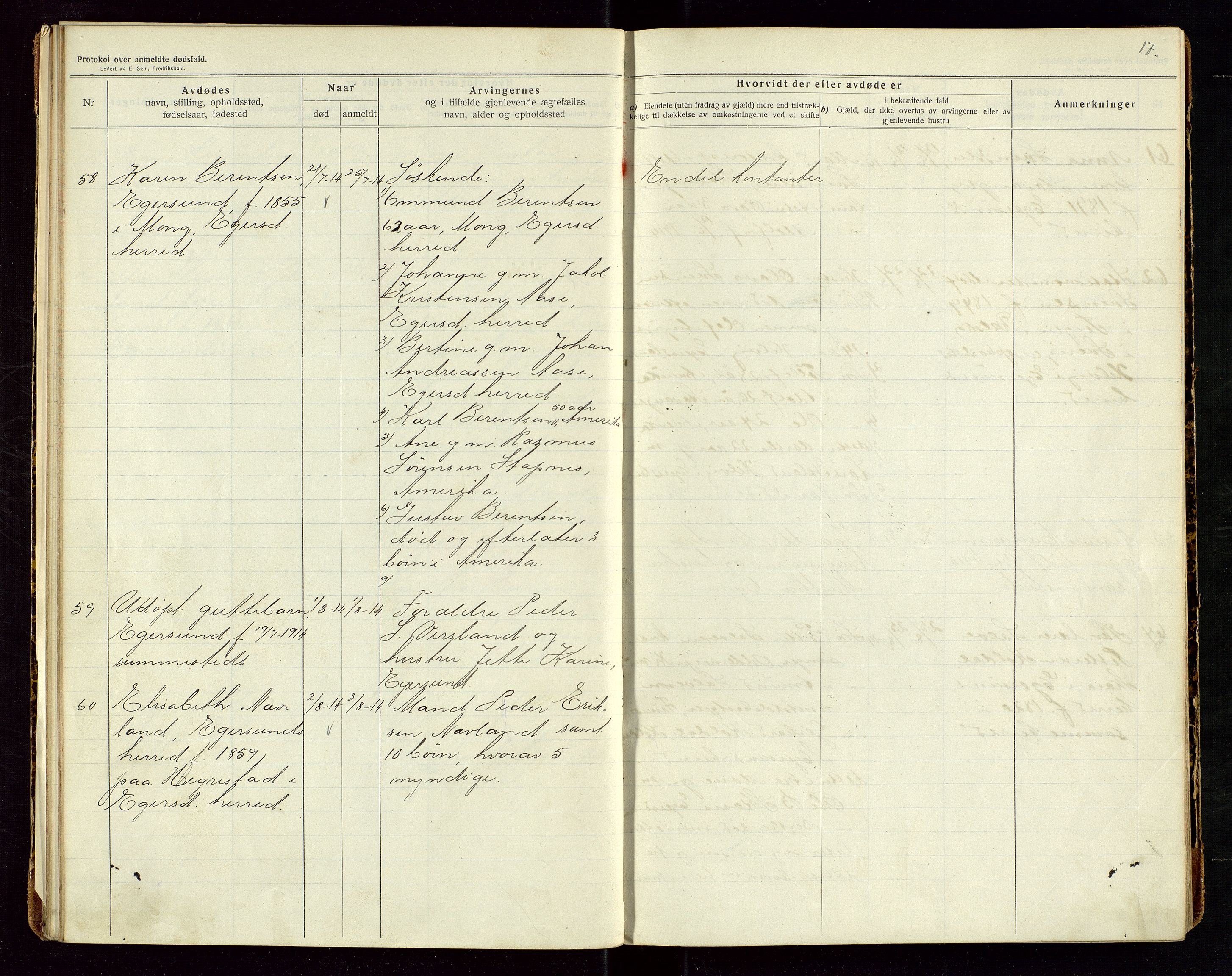 Eigersund lensmannskontor, AV/SAST-A-100171/Gga/L0006: "Protokol over anmeldte dødsfald" m/alfabetisk navneregister, 1914-1917, s. 17