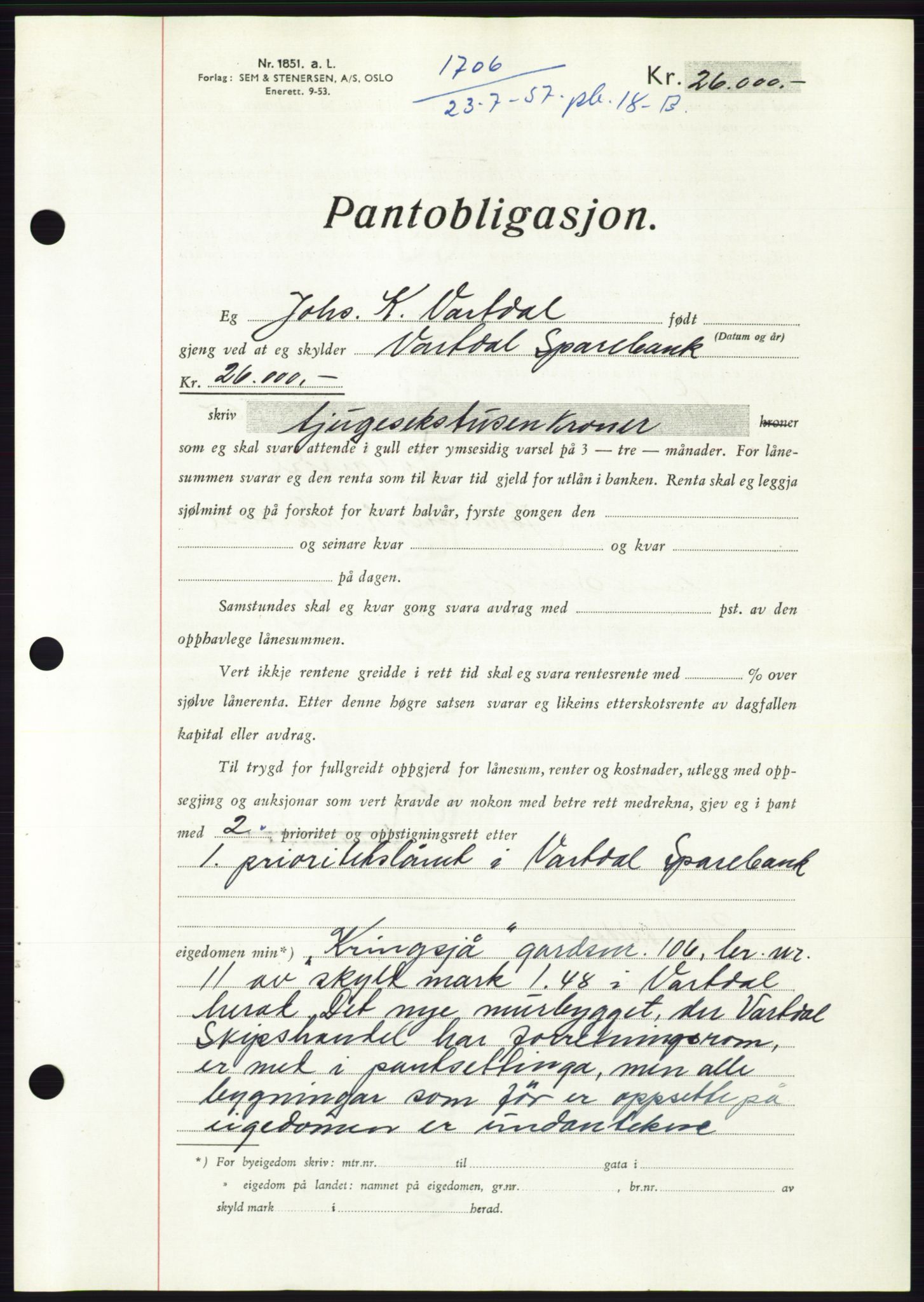 Søre Sunnmøre sorenskriveri, AV/SAT-A-4122/1/2/2C/L0130: Pantebok nr. 18B, 1957-1958, Dagboknr: 1706/1957
