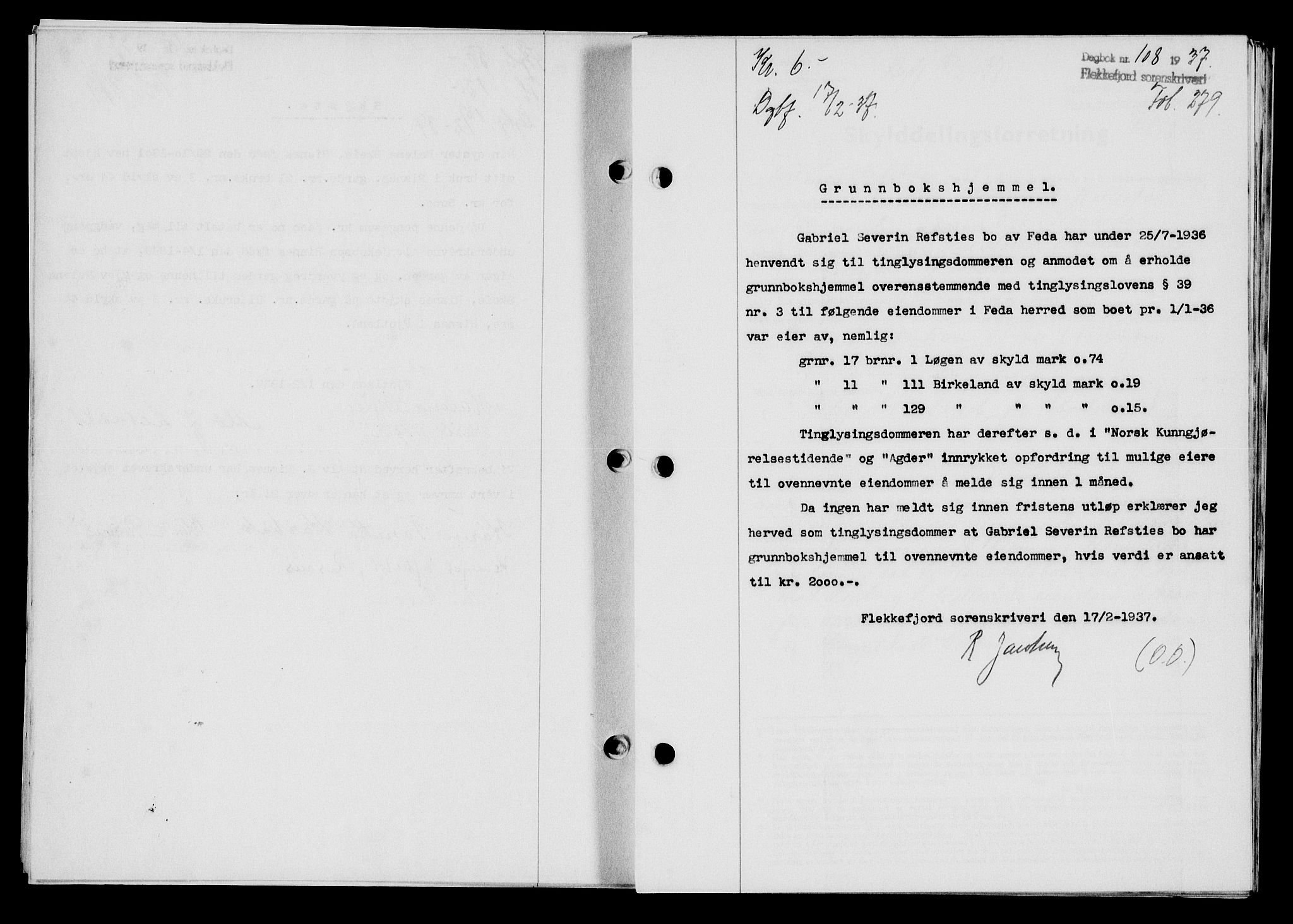 Flekkefjord sorenskriveri, SAK/1221-0001/G/Gb/Gba/L0053: Pantebok nr. A-1, 1936-1937, Dagboknr: 108/1937