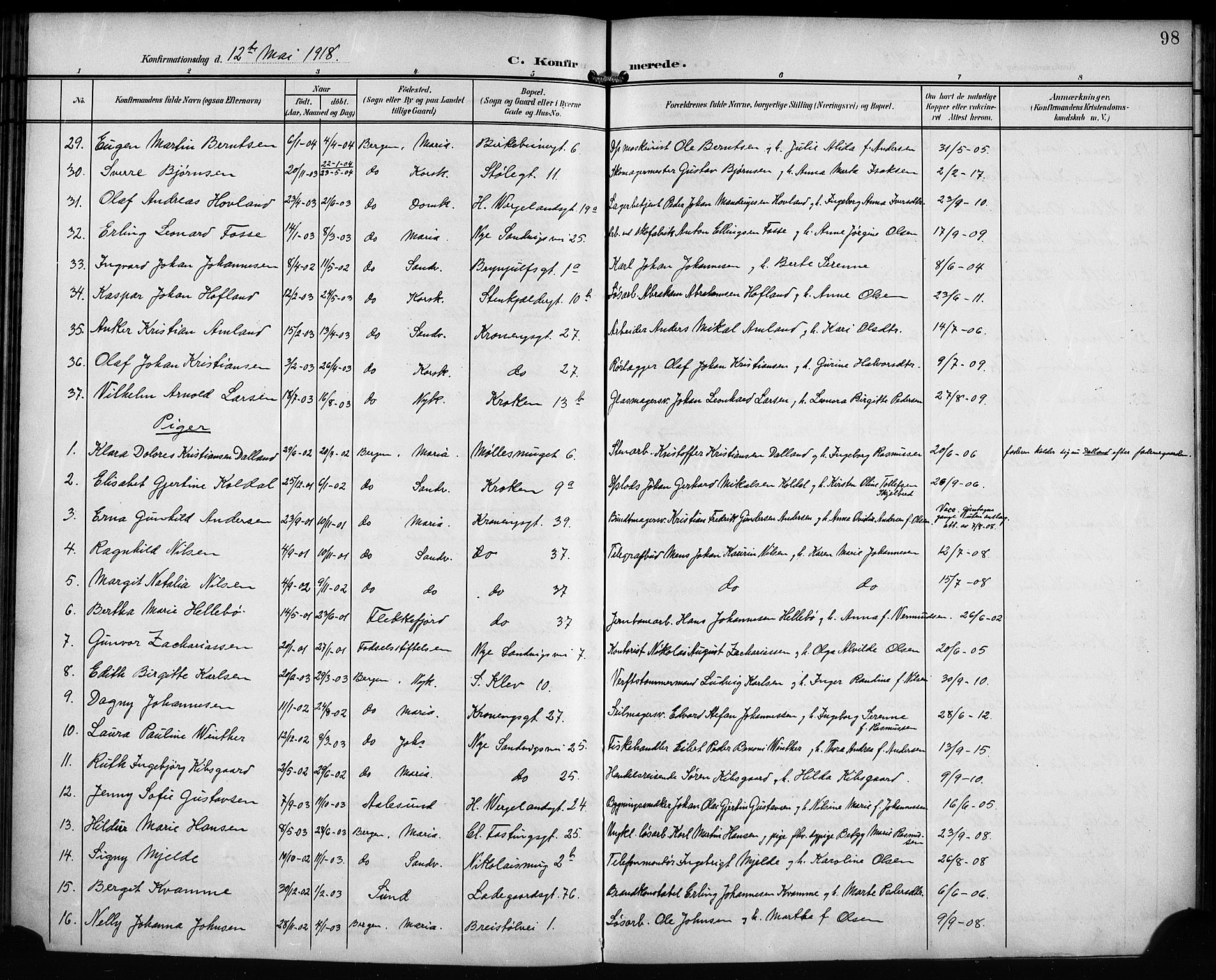 Mariakirken Sokneprestembete, AV/SAB-A-76901/H/Hab/L0009: Klokkerbok nr. A 9, 1901-1919, s. 98